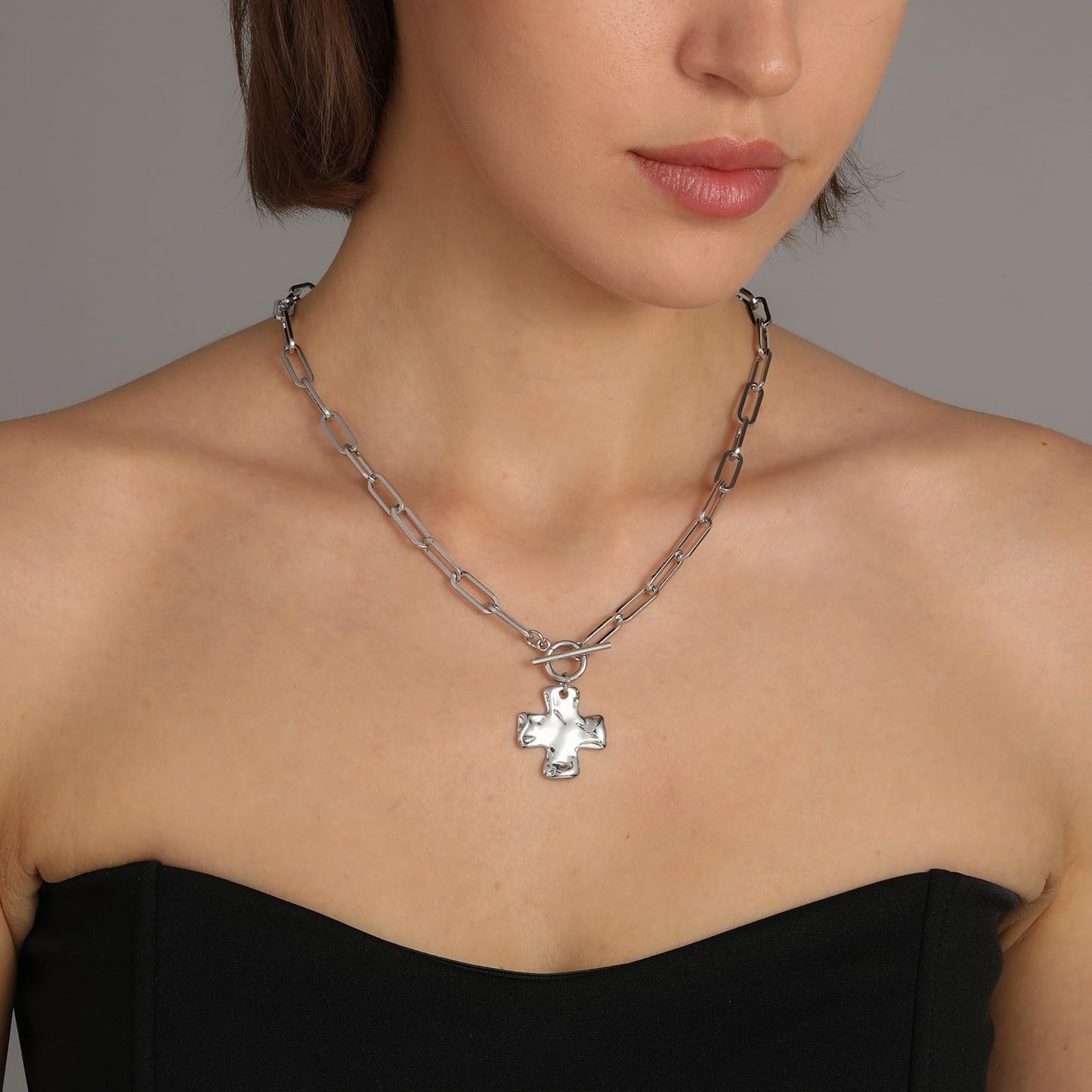 Bheop Chunky Cross Necklace for Women Trendy Silver Plated Statement Cross Pendant Charm Necklace Toggle Clasp Long Big Paperclip Faith Chain Costume Jewelry Gift Non Tarnish 2.5CM
