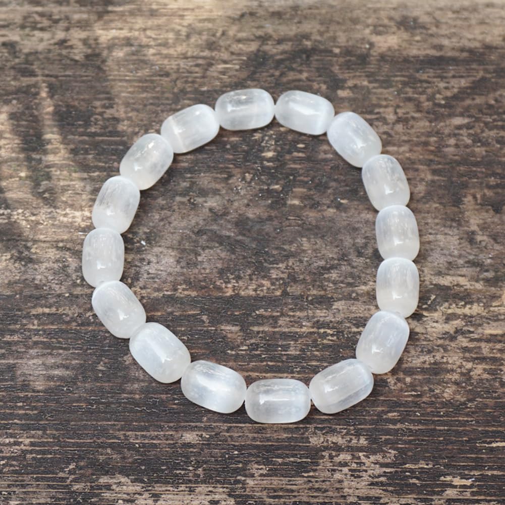 TaHLga Natural Selenite Crystal Bracelet for Women Men |8x12mm White Cylinder Beads | Crown Chakra Stone with Leather Pouch, Gift Box & Repair Kit | Fits about 7.5 inch Wrist