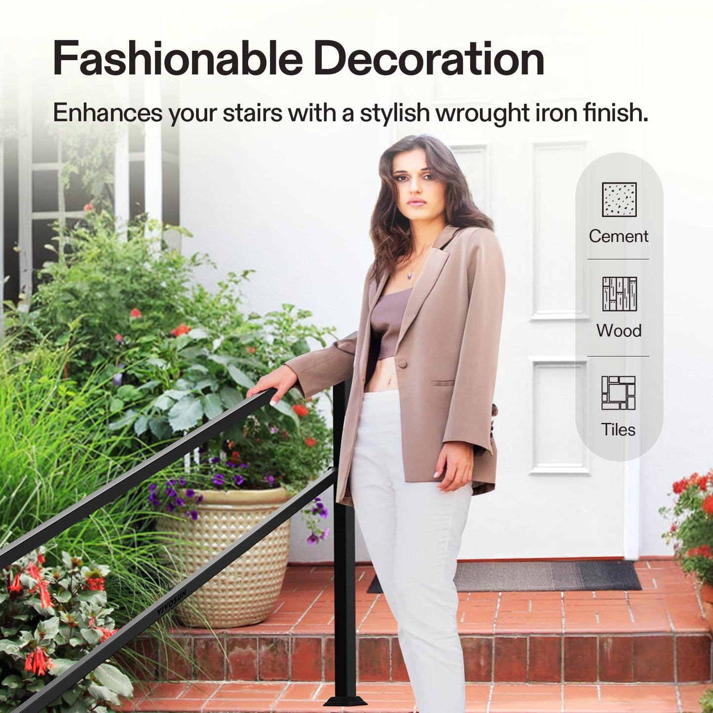 VIVOSUN Outdoor Handrail, 6-7 Step Stair Handrail, 83" x 36" Fits 1 to 7 Steps, Wrought Mattle Iron Handrail for Concrete Steps, Porch Steps, Black, HR-0004