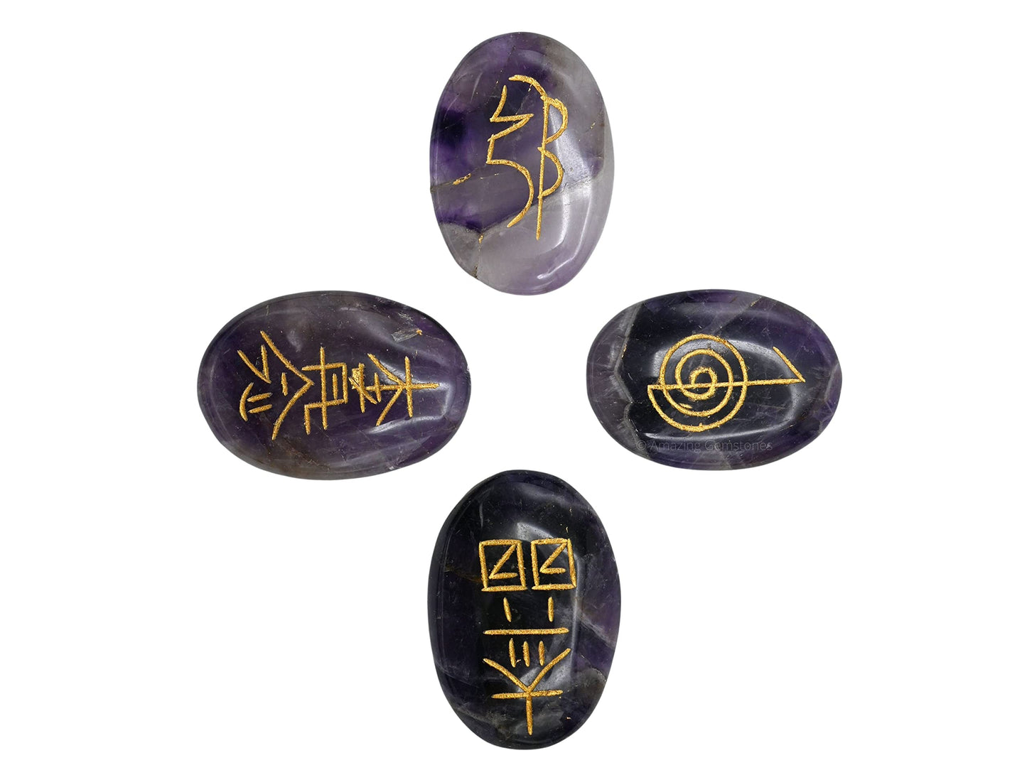 Amazing Gemstone Amethyst Crystal Reiki Stones with Engraved Symbols for Usui Reiki Healing, Set of 4 Pcs (Indian Handmade Reiki Gift Set)