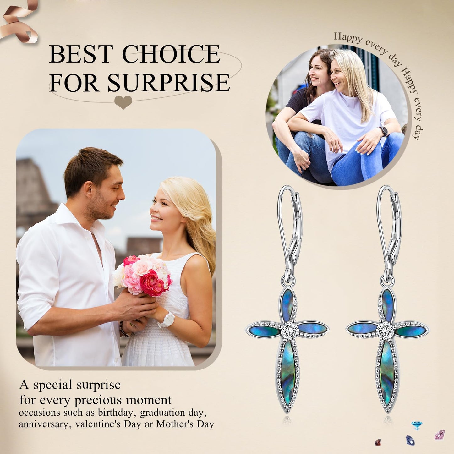 SHAOAN 925 Sterling Silver Cross Dangle Drop Earrings for Women Abalone Shell Leverback Earring Jewelry Gifts for Birthday Anniversary Mother’s Day