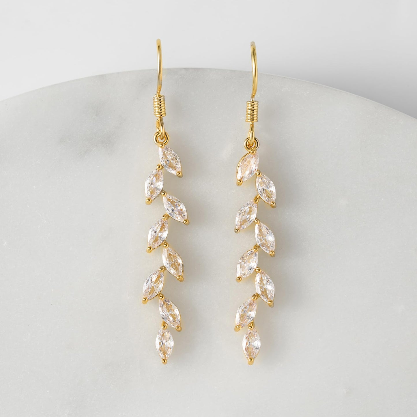 SWEETV Marquise Wedding Dangle Earrings for Brides Bridesmaid, Crystal Long Bridal Earrings for Women Prom (Gold)