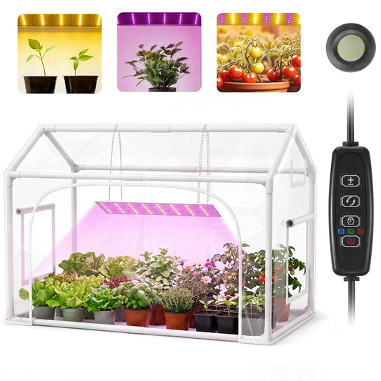 Mini Indoor Greenhouse with Grow Lights & Timer 3 Light Color Mode Thickened PVC Tent Waterproof Base Portable Green House Cabinet Kit for Plant Seed Starting 30" L x 16.5" W x 20.5" H