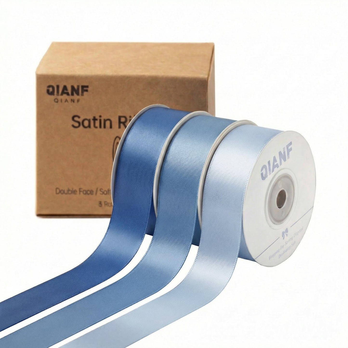 QIANF 1 Inch French Blue Double Face Satin Ribbon 45 Yards Light Blue Fabric Ribbon for Gift Wrapping, Flower Bouquets, Hair Bows, Wedding Decoration, Invitation Cards, Christmas (3 Rolls *15Yd)