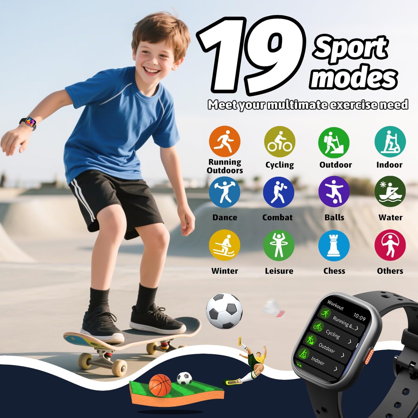 Heroange Kids Smart Watch for Girls Boys,IP68 Waterproof Kids Fitness Tracker Watch with 1.83" Face,Heart Rate Sleep Monitor,19 Sport Modes,Puzzle Games with APP,Great Gifts for Teens 6+ (Black)