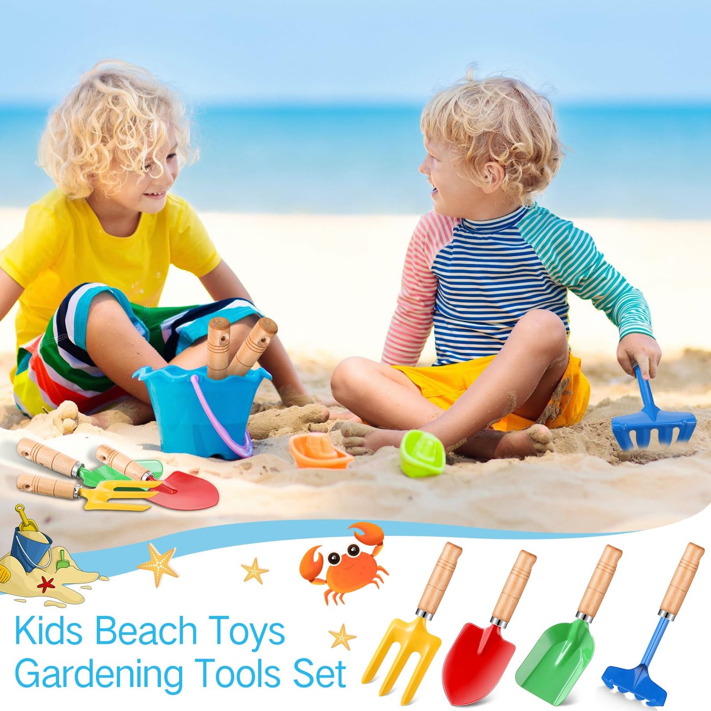 Motionchic 8" Kids Gardening Tools, Metal Beach Sandbox Digging Toys with Wooden Handle, Including Shovel, Rake, Fork and Trowel, Garden Sand Snow Tools for Children Gift Outdoor Gardening(24 Pcs)
