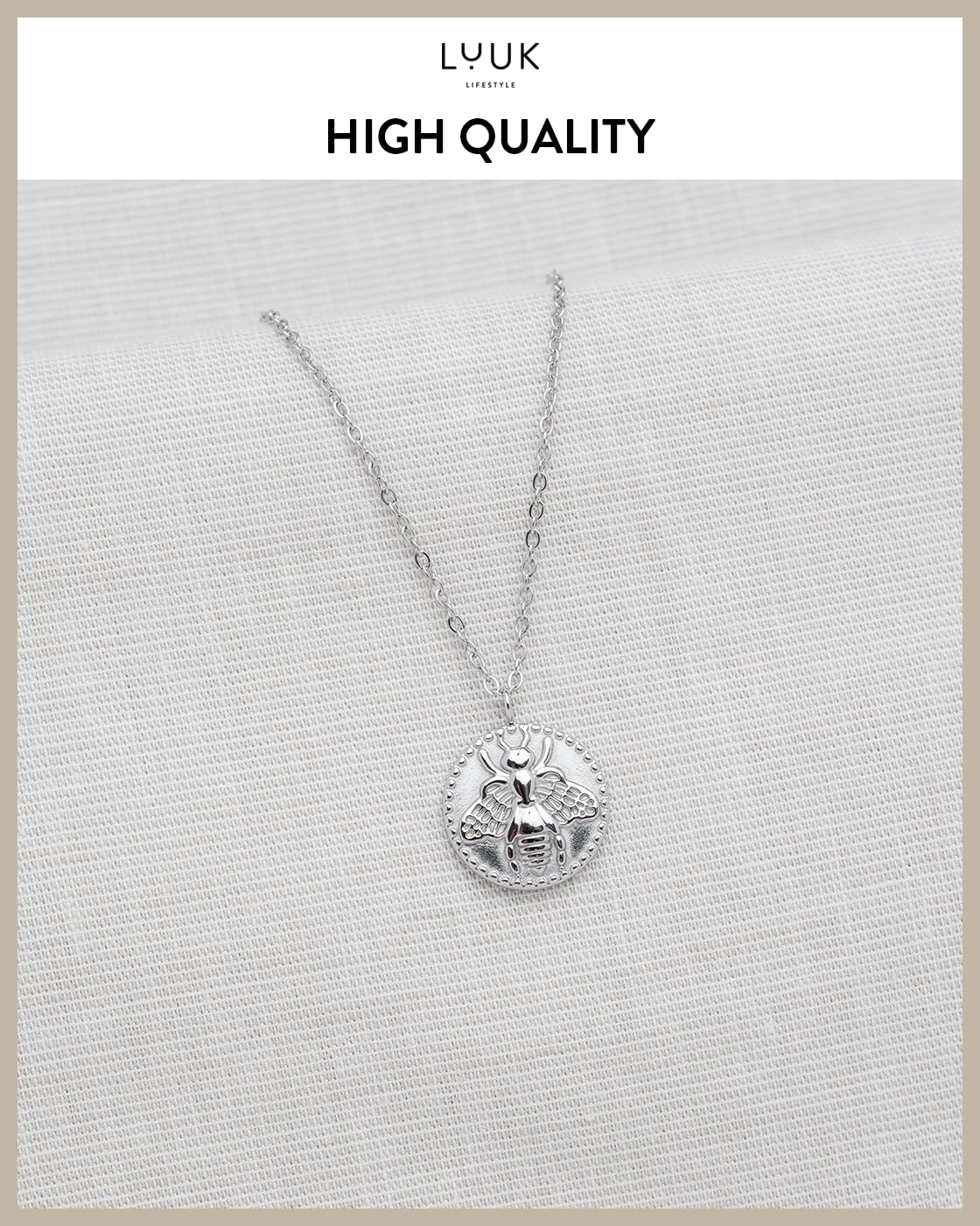 LUUK LIFESTYLE Stainless steel Honeybee pendant, 14k Silver plated necklace, HAPPINESS Gift Card, 19 IN adjustable waterproof sturdy chain, Gift for women, vacation dainty chic modern trendy aesthetic