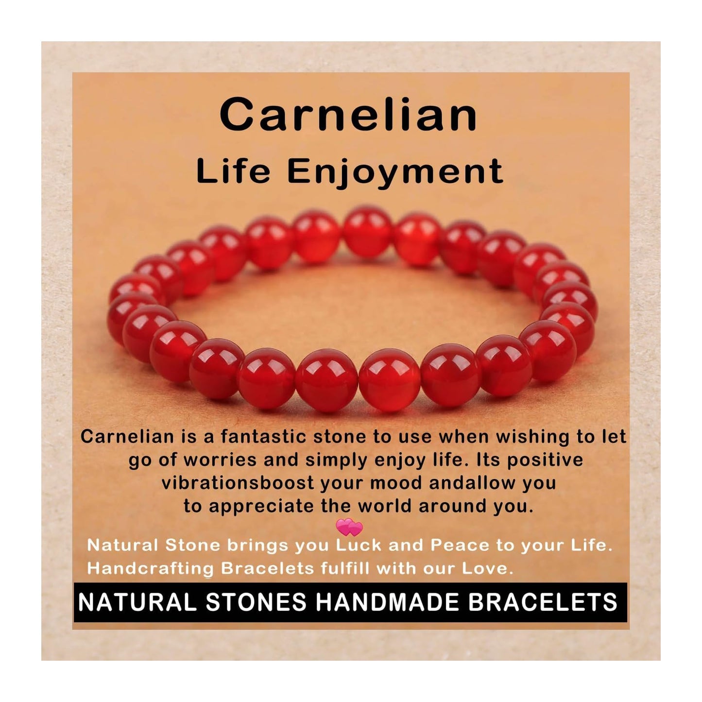 AD Beads Handmade Gemstone Stretch Elastic Bracelet Crystal Healing Reiki Nature's Beauty and Spiritual Essence Unisex (8mm, Carnelian (Life Enjoyment))