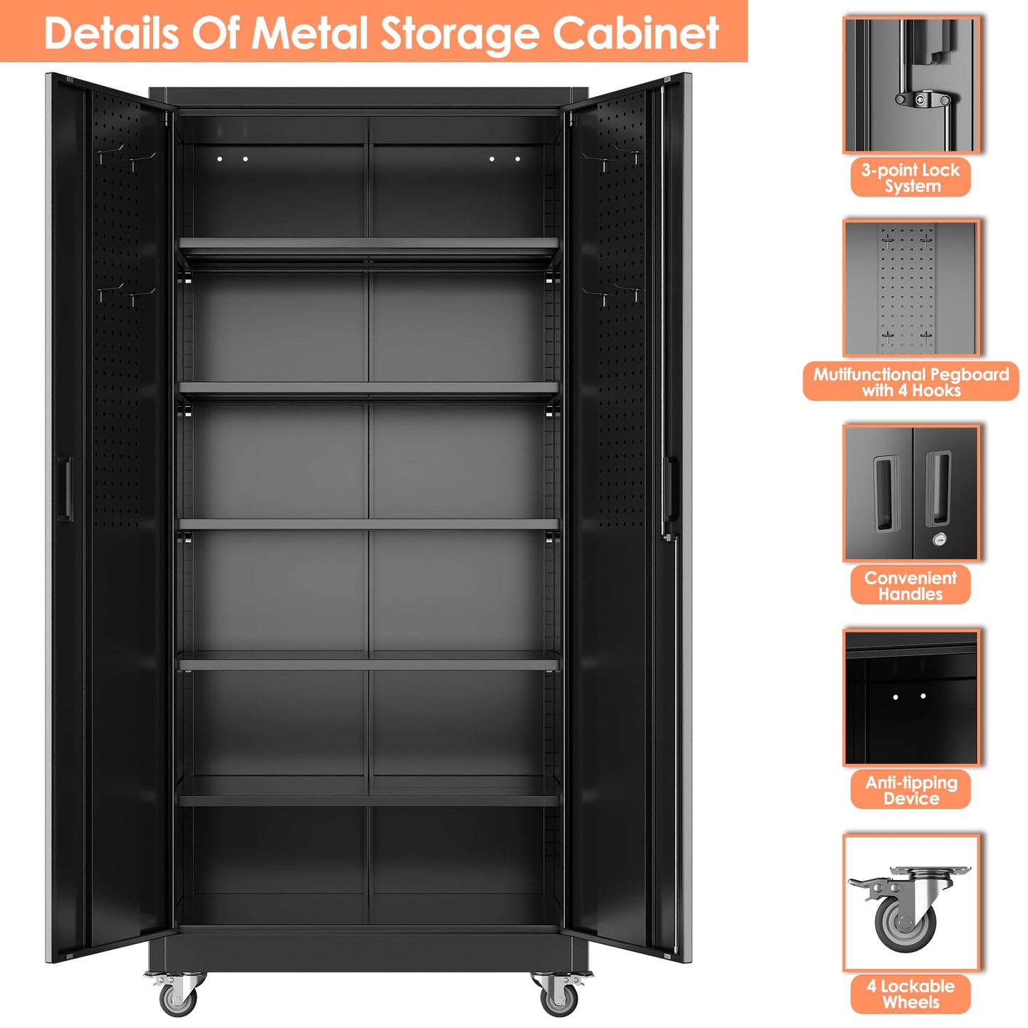GangMei Metal Storage Cabinet with 5 Adjustable Shelves and Pegboard, 71" H×32" W×16" D Lockable Garage Storage Cabinet with Wheels for Garage, Home, Warehouse, Black, Assembly Required