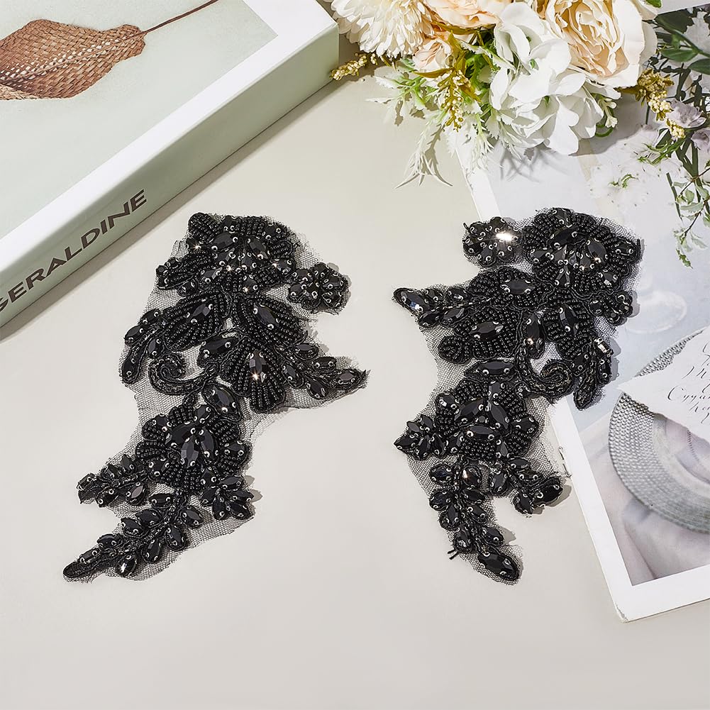 CABODYALS 2Pcs Black Floral Rhinestone Applique Handmade 3D Flower Pearl Beaded Lace Trim Appliques Crystal Bead Embroidery Sew on Tulle Pathes for Sewing Making Dresses Bridal Wedding Gowns Clothes