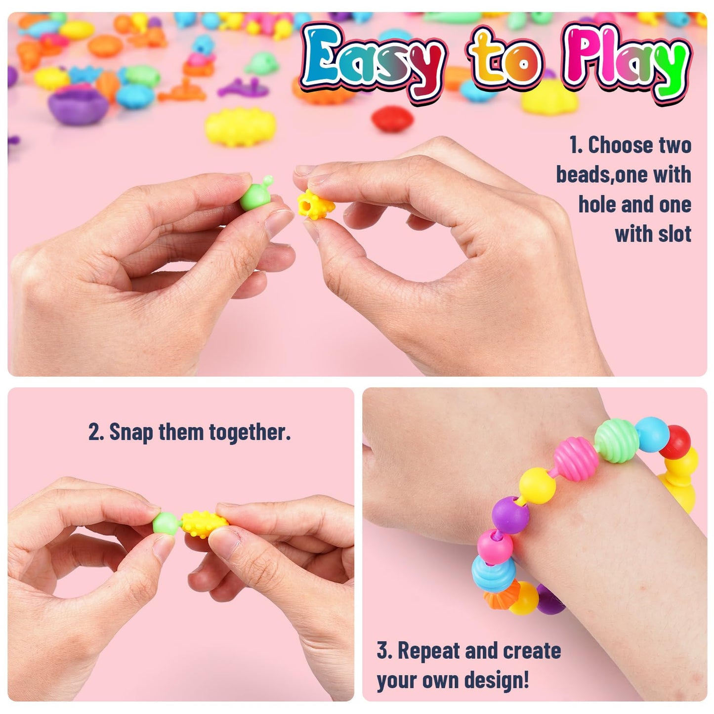 FUNZBO 520+ Snap Pop Beads - Jewelry Making Beads Charms Style Craft Kit, Arts and Crafts for Kids Ages 4-8, Toys for 3 4 5 6 7 Years Old Girls Birthday Gifts Ideas, Bracelet Necklace Ring for Girls