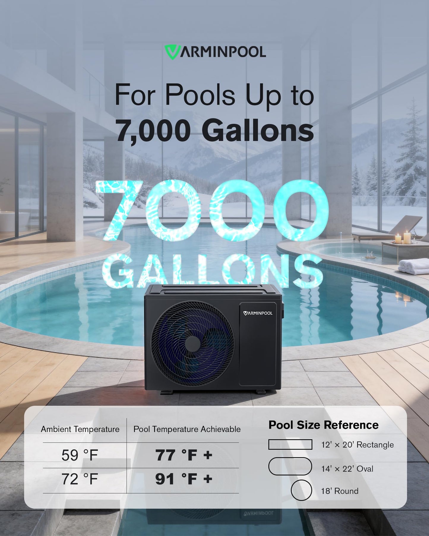 VARMINPOOL 27000 BTU Pool Heat Pump for 7000 Gals Above and Inground Swimming Pool, Smart WiFi Control Electric Pool Heater, Titanium Spiral Heat Exchanger, 120V, Energy Efficient