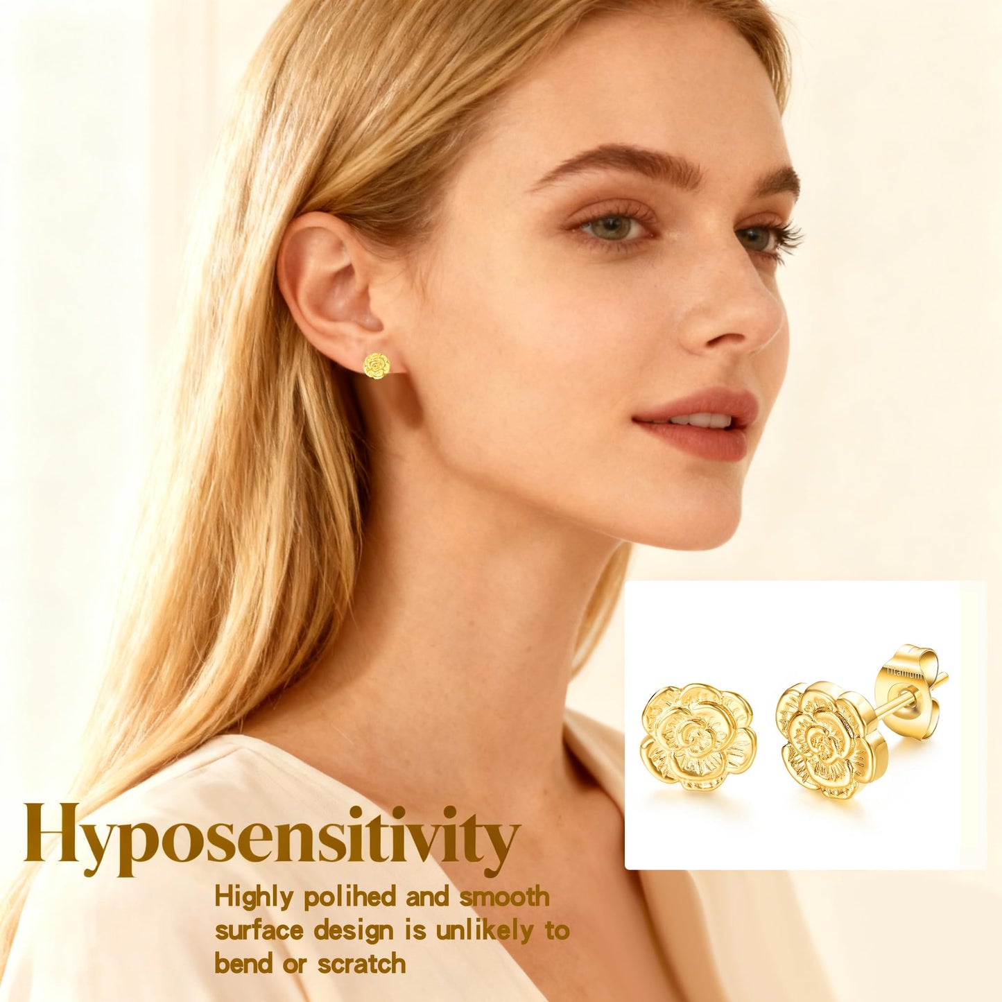 VOJO Implant Grade G23 Titanium Stud Earrings for Sensitive Ears Post Pierced Cartilage Lobe Earring Stud for Women (Gold ROSE)