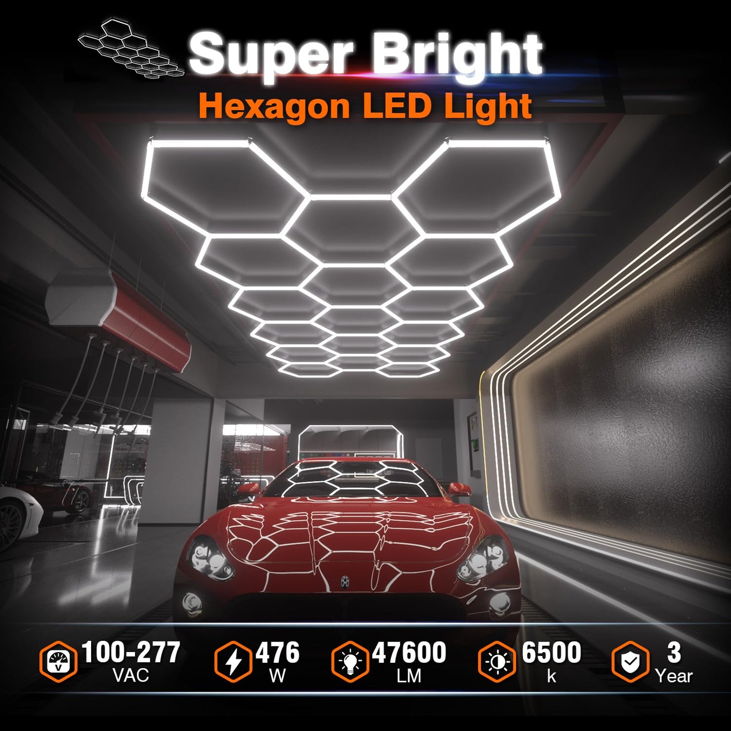 Litezone Hexagon Garage Lights : 3 Level Dimmable 476W Tube 17 Grids Hexagon LED Lights - Easy Install 6500K Super Bright Hex Lights for Warehouse, Car Detailing Shop, Exhibition Hall, Gym