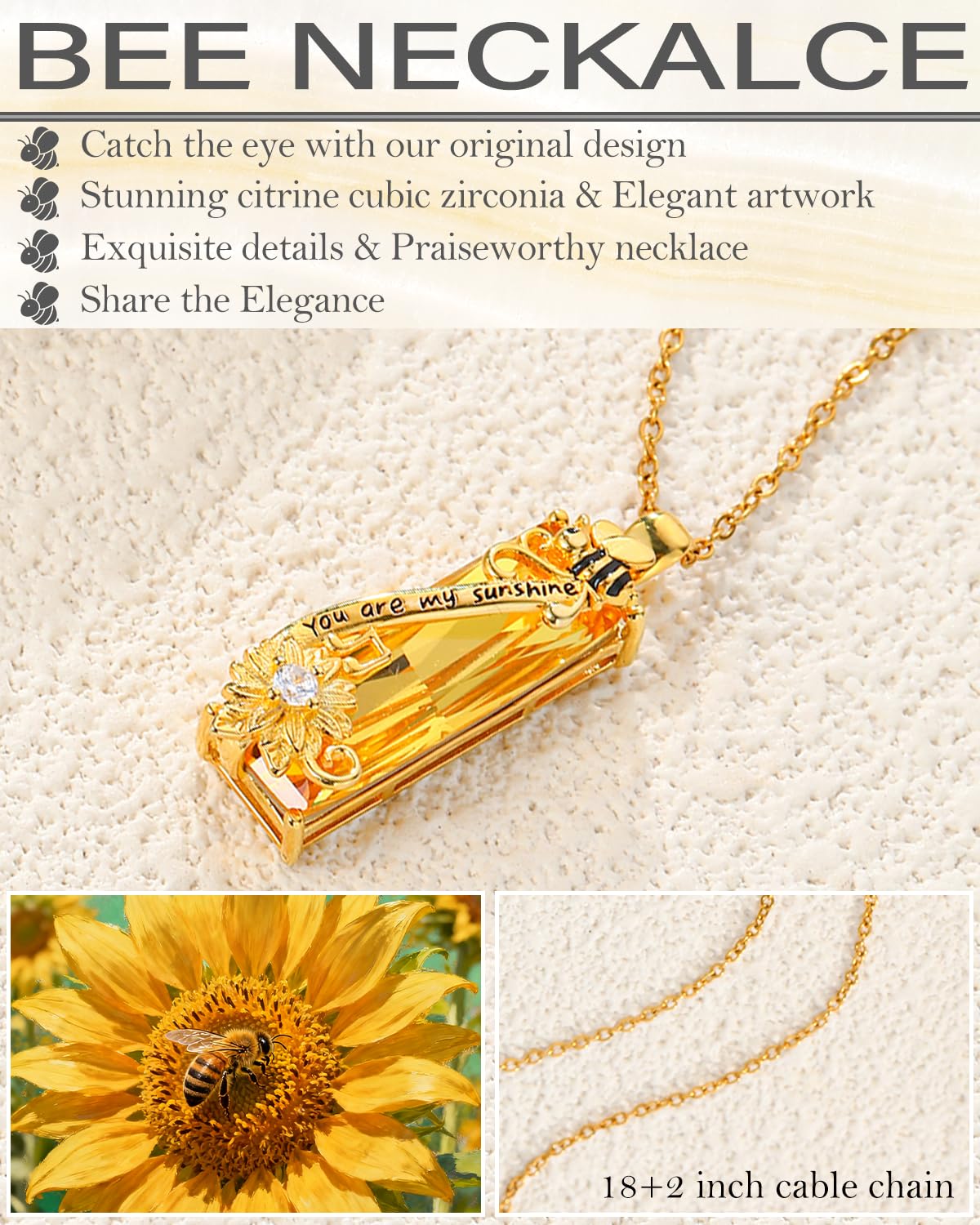 AENEAS Valentines Day Gifts for Women Her Bee Necklace 925 Sterling Silver Gold Plated Sunflower Pendant Citrine Honey Bee Jewelry You Are My Sunshine Necklace for Women Wife Her