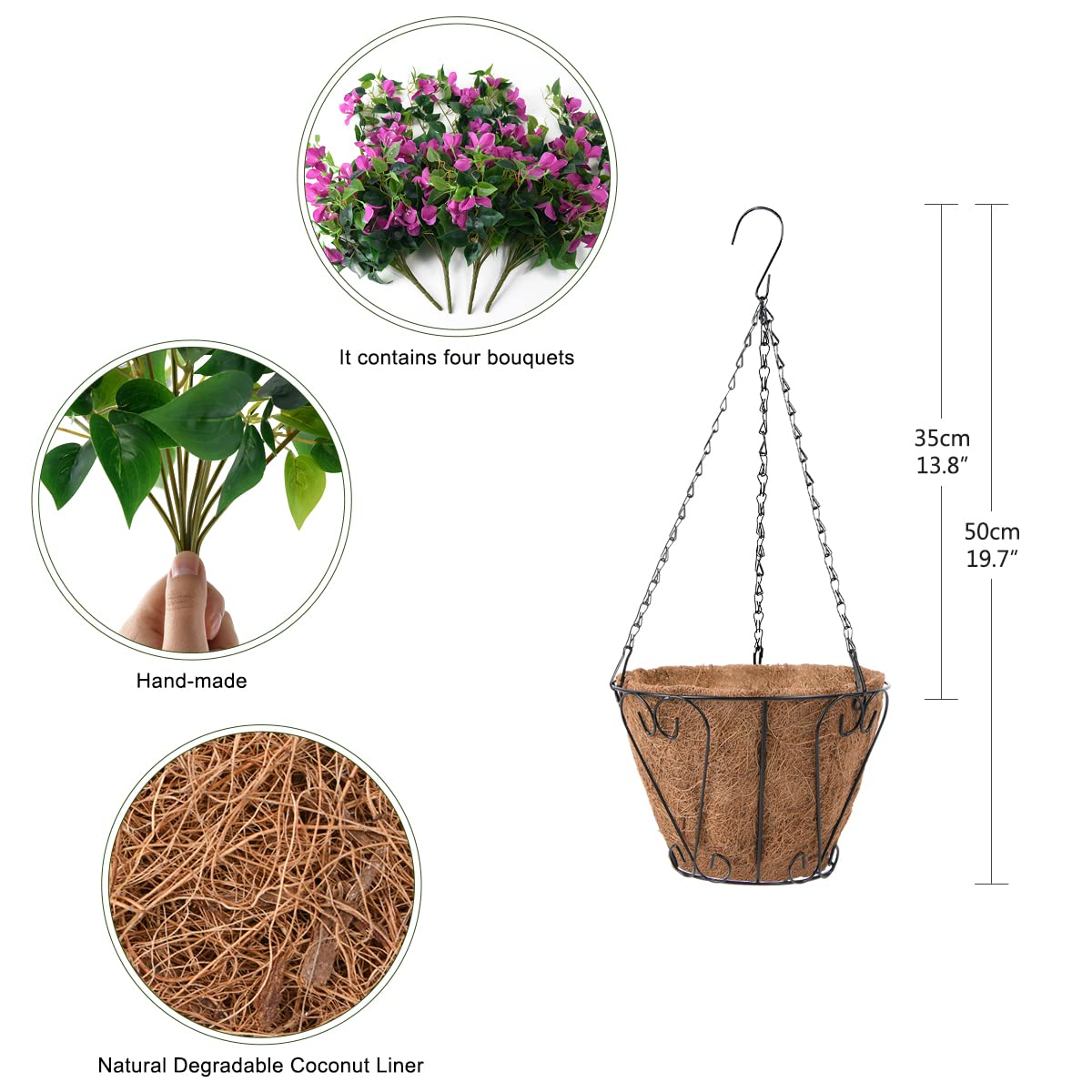 Homsunny Artificial Hanging Flowers Plants Basket for Outdoor Decoration,4 PCS Faux Silk Bougainvillea Vine Flowers Look Real UV Resistant for Outside Porch Patio Yard Garden Decor (Purple)