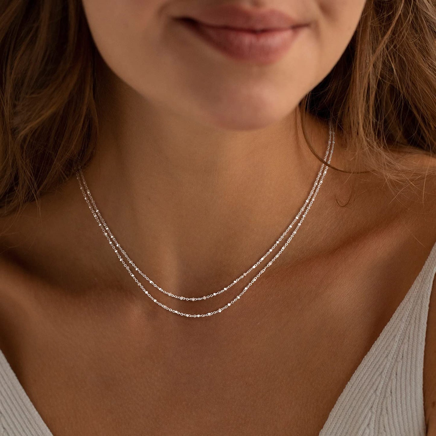 MBW Layered Necklaces for Women, Dainty Silver Plated Square Dot Choker Necklaces for Women Trendy Simple Silver Herringbone Thin Snake Chain Satellite Choker Necklace Silver Jewelry for Women