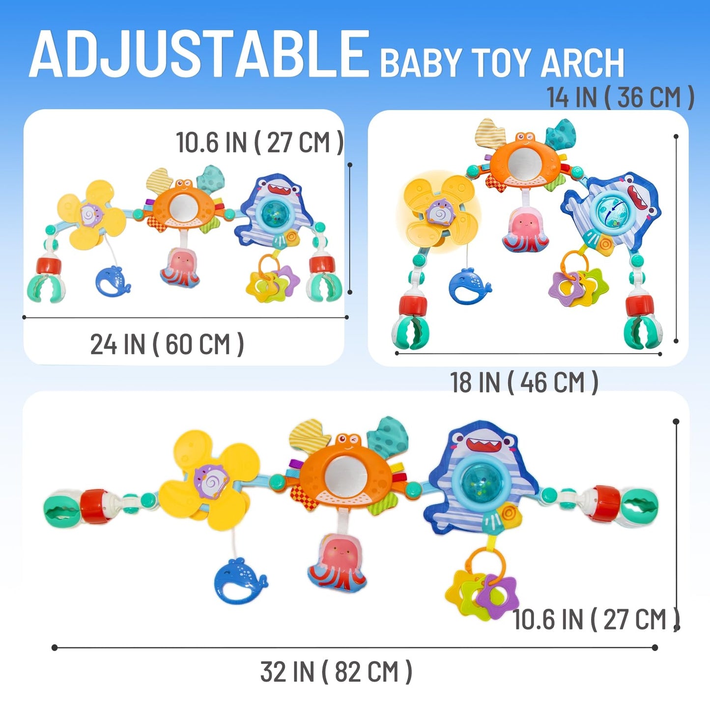 UTOPLIKEY Adjustable Baby Stroller Arch Toy, Car Seat Toys for Infants 6-12 Months Bassinet Hanging Toy Bar Attachment with Mirror & Sound, Crib Comfort Gift for Birthday, Baby Shower