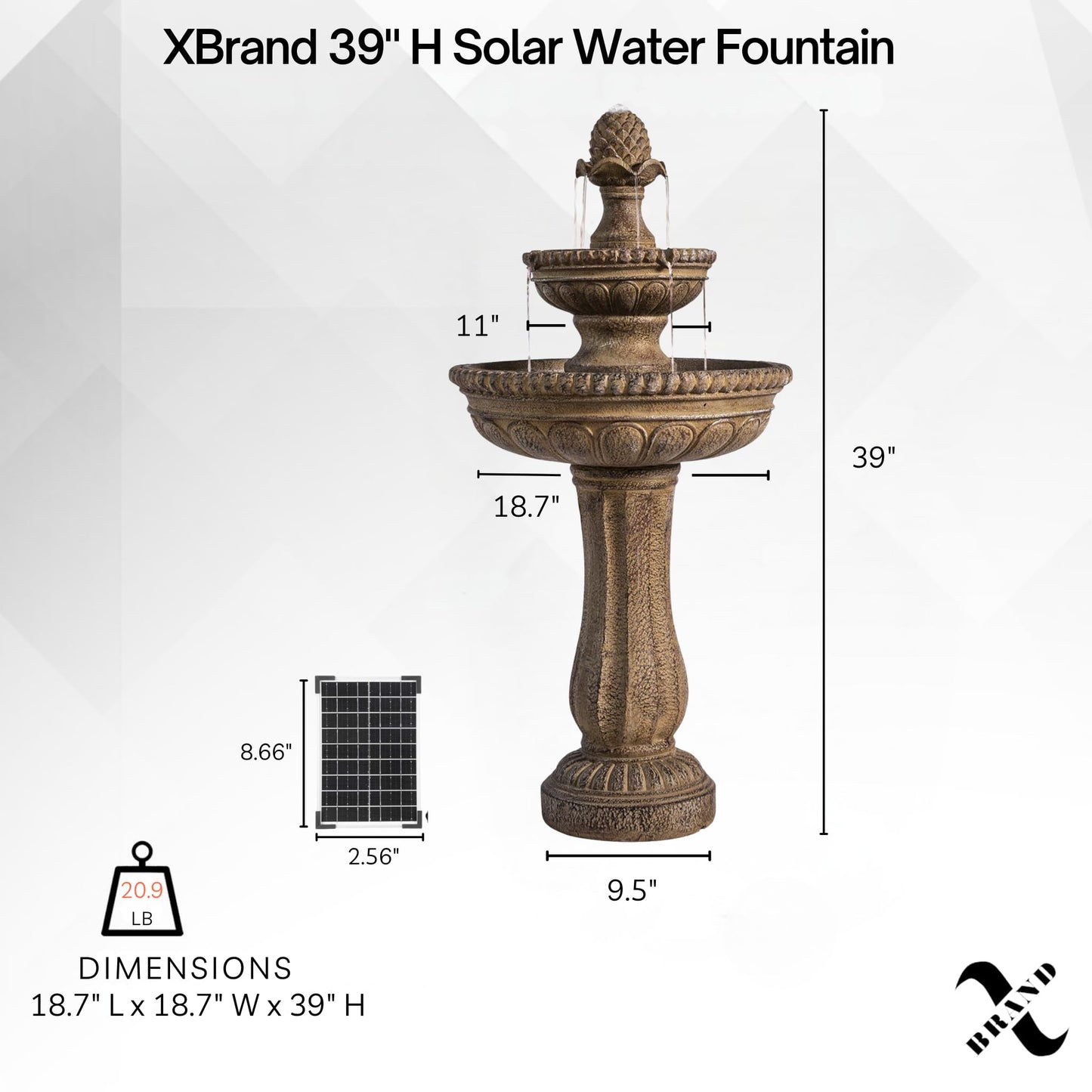 XBrand 39" 2-Tier Outdoor Freestanding Solar Water Fountain – Classic Sand Stone Resin Bird Bath with Pump – Solar Powered Garden Decor for Patio, Yard, Porch, and Lawn