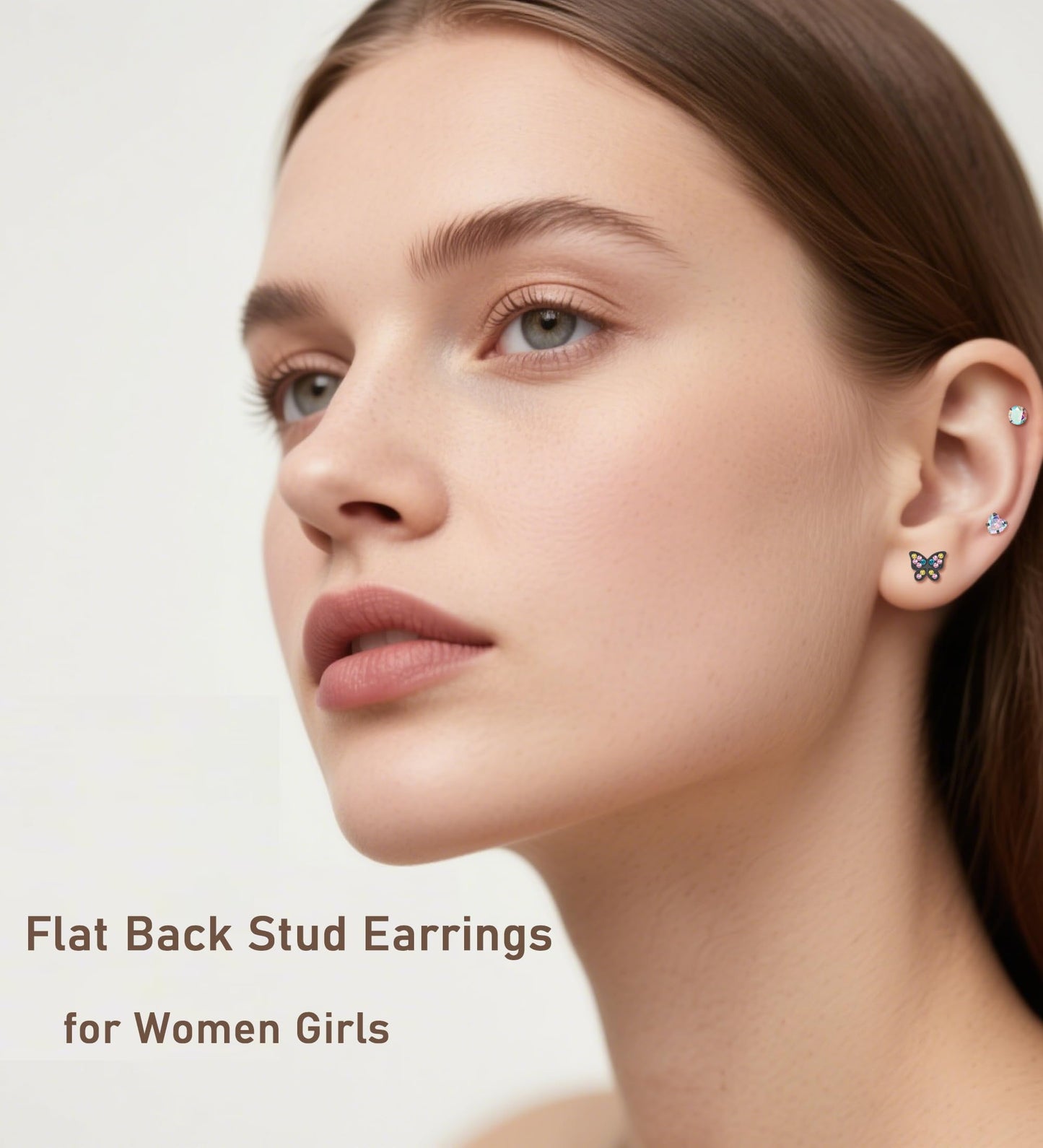 EQFE 4Pairs Hypoallergenic Earrings for Women 14K Gold Flat Back Earrings 20G Screw Back Cartilage Earring for Sensitive Skin CZ Heart Butterfly 316L Stainless Steel Stud Earrings