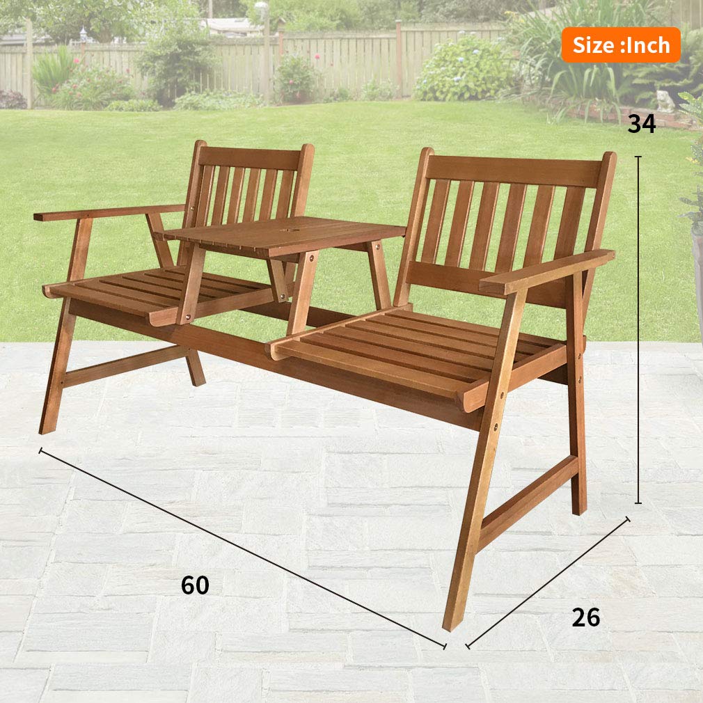 FDW Outdoor Patio Bench Wood Garden Bench Park Bench Acacia Wood with Table for Pool Beach Backyard Balcony Porch Deck Garden Wooden Furniture
