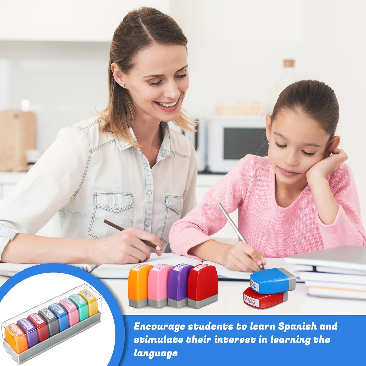 Chivertion 8 Pcs Spanish Teacher Stamps for Classroom Self Inking Grading Stamps Gifts Motivation Teacher Stamp for School Elementary Kid Signature Homework Reward Supplies