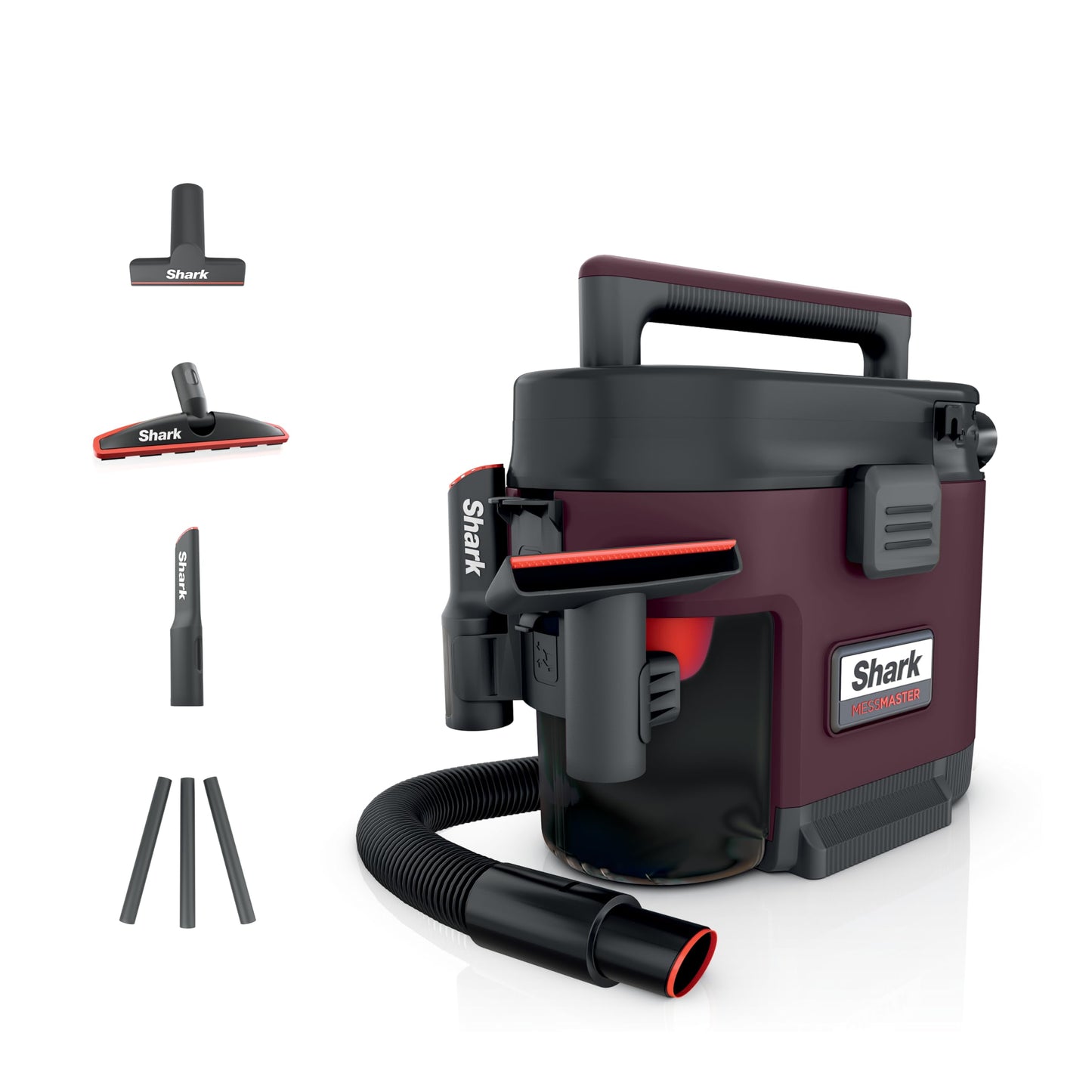 Shark MessMaster Portable Wet Dry Vacuum, 1 Gallon Capacity, True Grip Accessory Suite, Corded, Perfect for Pets & Cars, Ultra-Powerful Suction for Tough Wet & Dry Messes, Burgundy, UV105