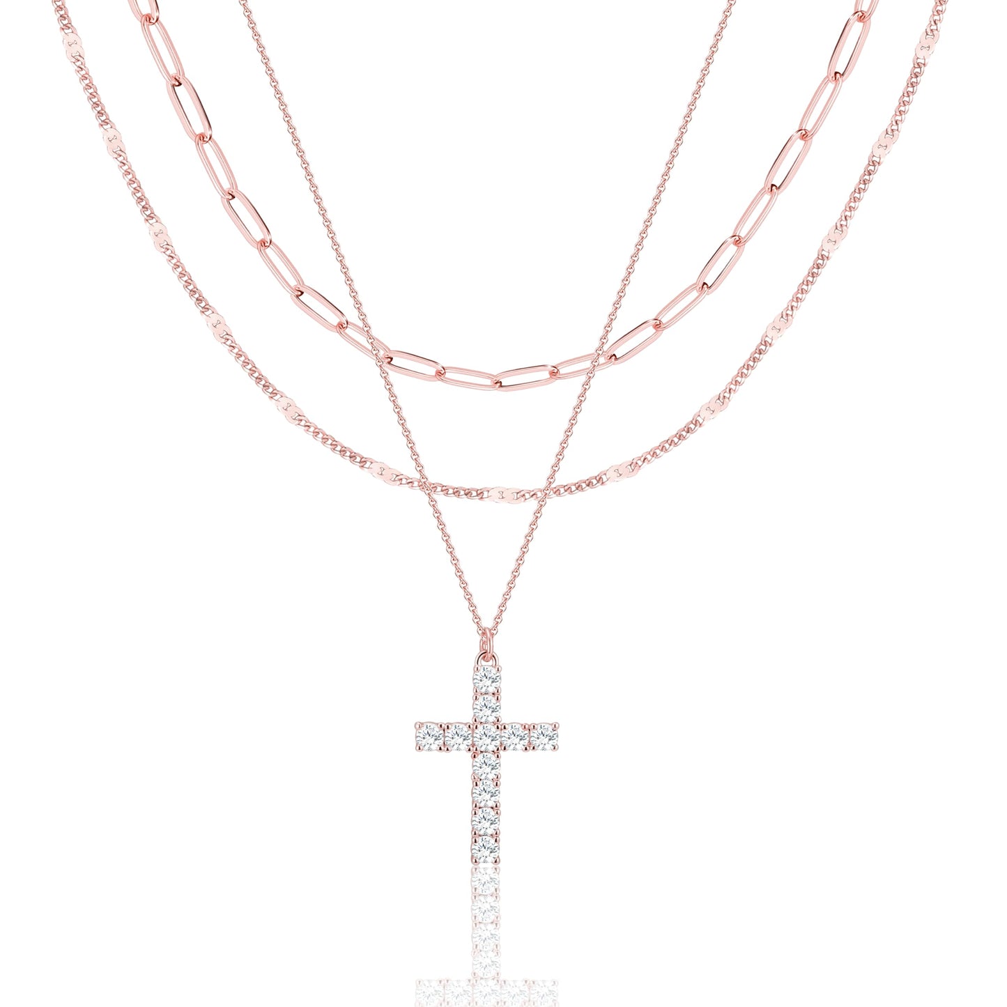 Rose Gold Cross Layered Necklaces for Women,Rose Gold Plated Dainty Stackable Choker Necklaces for Women,Trendy Layering Diamond Cross Pendant Paperclip Thin Chain Jewelry Set Gifts