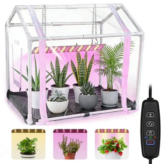Mini Greenhouse with Grow Light for Indoor, PVC Planting Tent with Waterproof Mat & Zipper Door,15W Full-Spectrum LED Plant Grow Light and Timer for Seed Starter Tray for Indoor and Outdoor Plants
