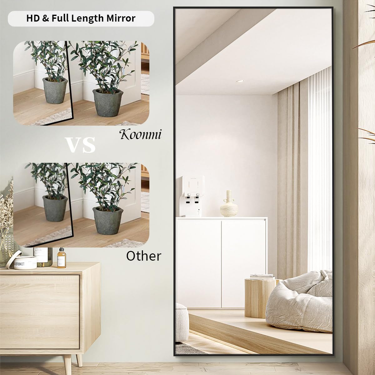 Koonmi 76"x34" Floor Mirror Full Length, Bedroom Floor Body Mirror with Stand, Large Black Mirror, Leaning, Standing or Hanging Horizontally/Vertically