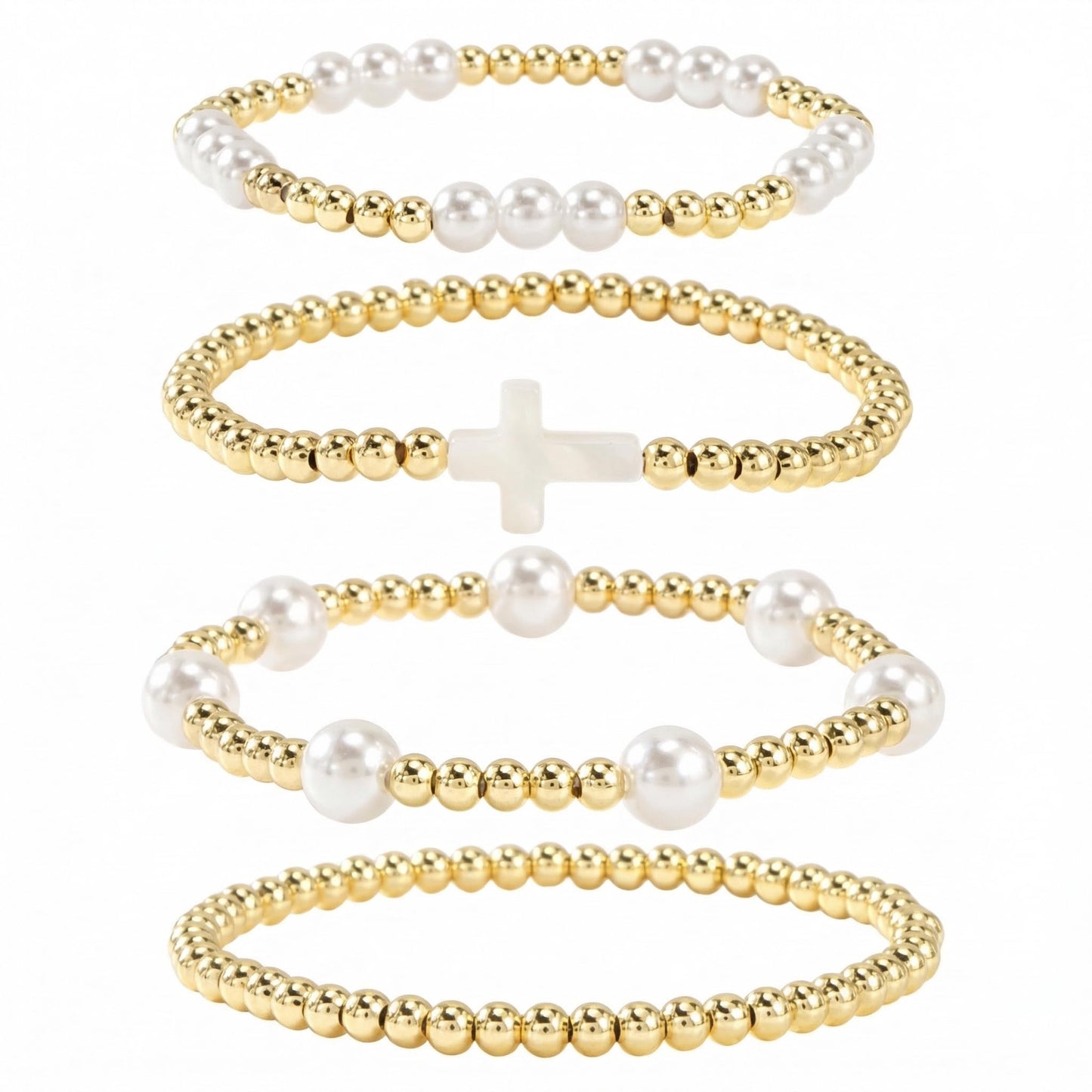Bohxantium Stackable Gold Beaded Bracelets for Women - Stretch 14K Gold Beads Boho Pearl Cross Bracelet Stack Non Tarnish Trendy Jewelry Set Friendship Christian Gift for Women