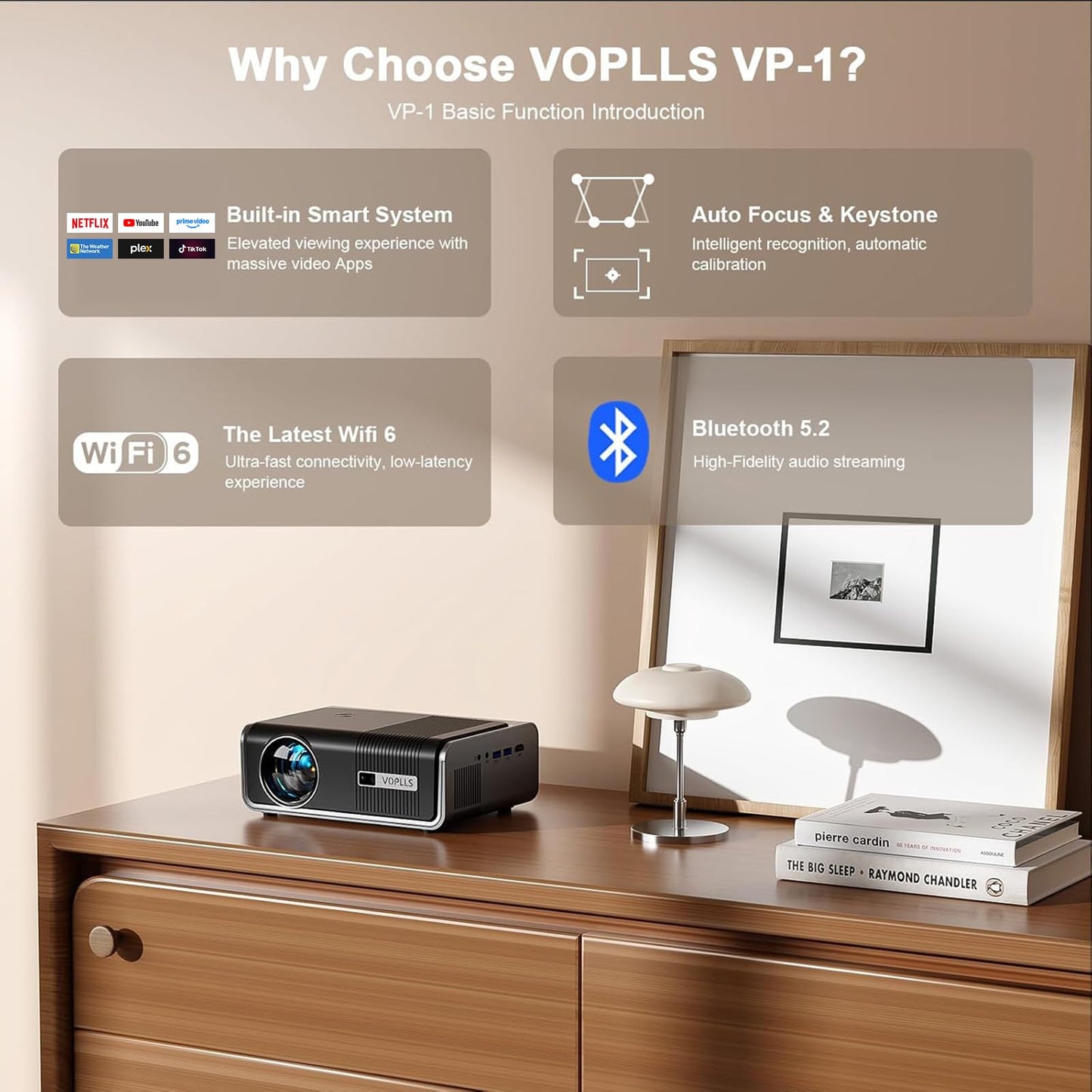 【Officially-Licensed APP & 800 ANSI】Smart Projector with WiFi and Bluetooth 4K Support, VOPLLS Auto Focus/ Keystone Outdoor Portable Movie Phone Video Proyector for Bedroom/Home/Wall/Celling