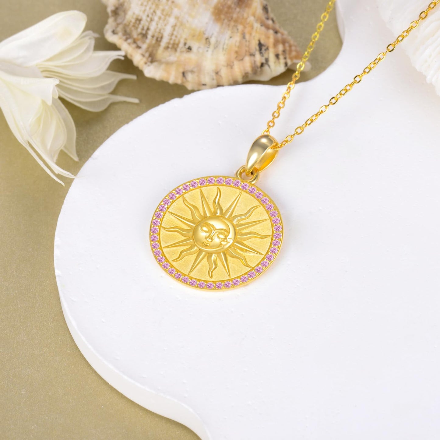 KQF Birthstone Sun Necklace for Women 925 Sterling Silver Sun and Moon Gold Plated Coin Pendant October Jewelry Gift