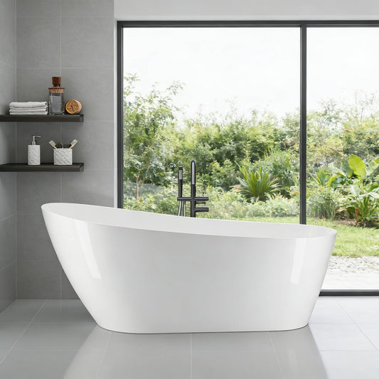 59" Acrylic Freestanding Soaking Bathtub, Free Standing Tub, Stylish Stand Alone Contemporary Soaking Tub with Integrated Overflow and Drain In Chrome, cUPC Certified