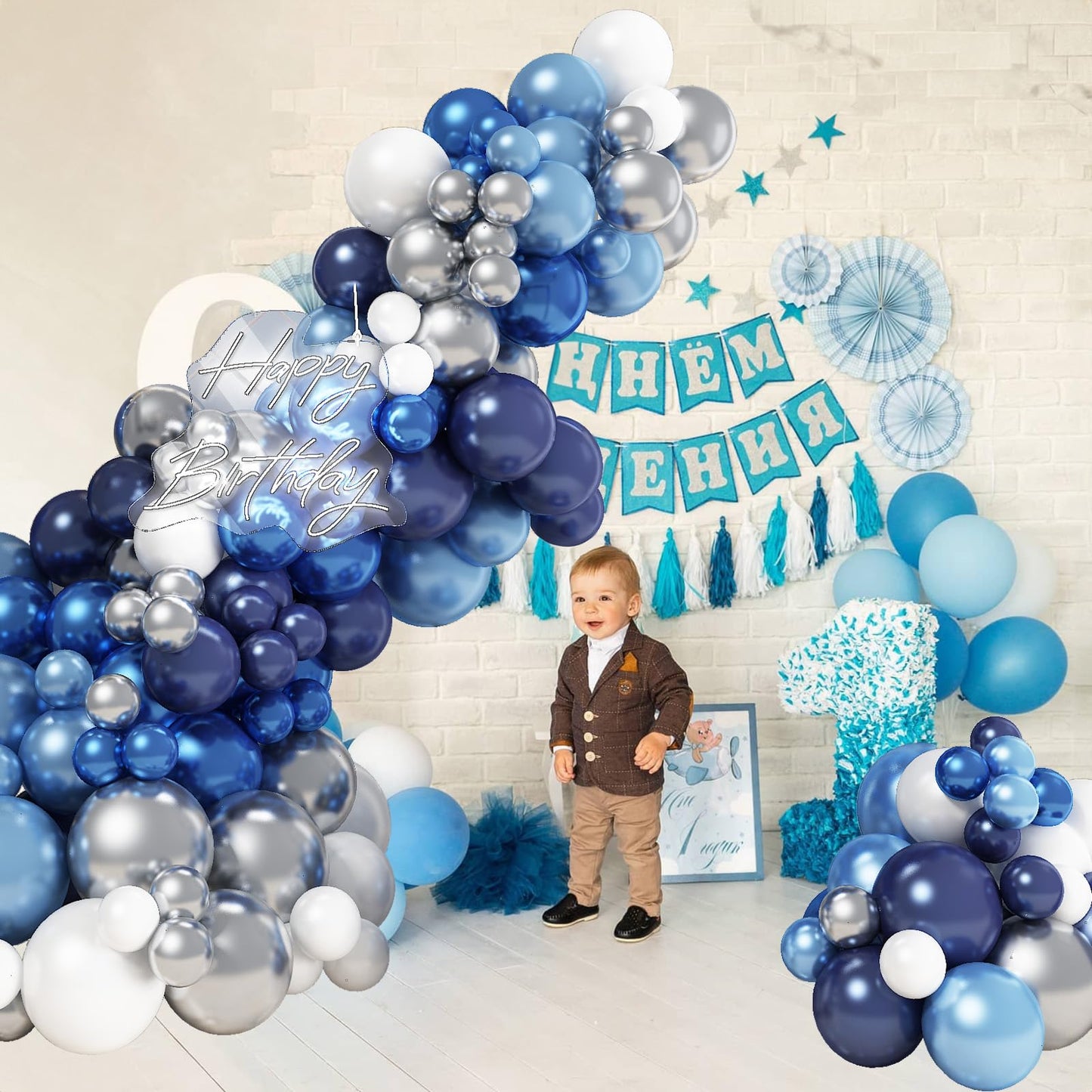 Blue White Silver Balloon Arch Kit, Navy Blue Silver White Balloon Garland with Metallic Dark Blue Light Blue Silver Balloons for Boys Men Birthday Baby Shower Graduation Wedding Party Decorations