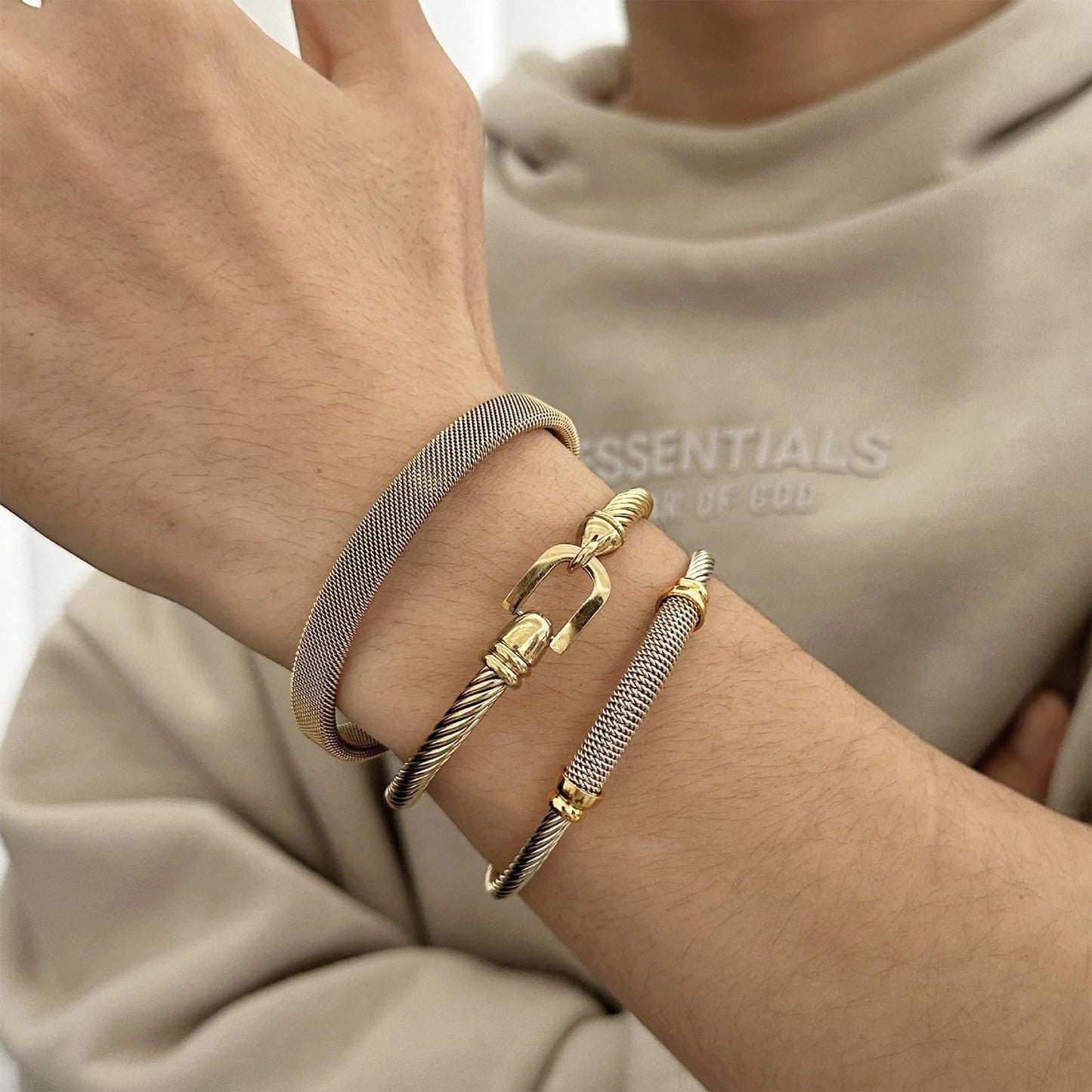 MENGSHA Punk Silver & Gold Twisted Cable Cuff Bracelet for Men/Women Durable Stainless Steel Chunky Bangle Bracelet Adjustable Opening,Daily Wear & Outdoor Adventure Unisex Jewelry Gift for Him/Her