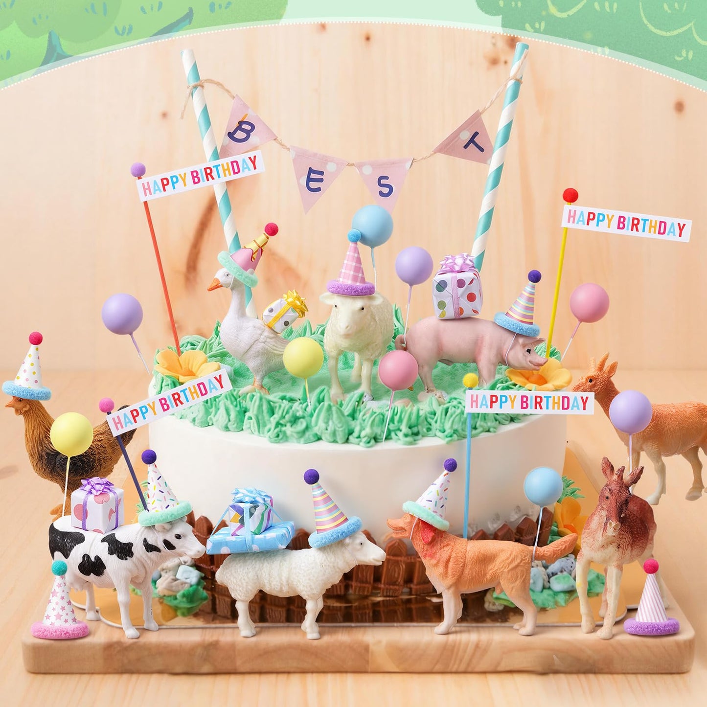Weysat 37 Pcs Farm Animal Birthday Party Decorations, Farm Cake cupcake Toppers with Mini Hats Miniature Flags Gift Boxes Balls Bows Figure Models for Farmhouse Birthday Party Decor Supplies Adults
