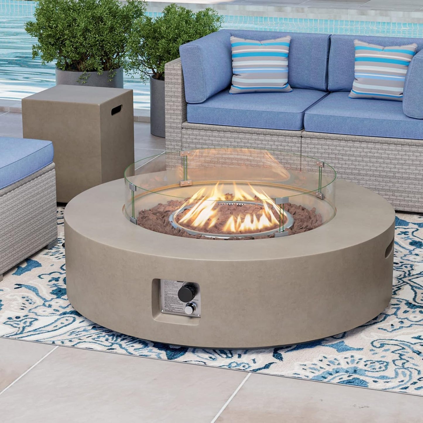 COSIEST 2-Piece Outdoor Propane Firepit Table Set w Tank Table, 42" Fire Table Certified, 50,000 BTU w Gray Round Base,Wind Guard and 16 inches Tank Side Table 20lb for Garden,Pool