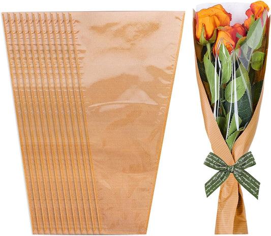 50Pcs Flower Wrapping Bags Kraft Paper with Ribbon Floral Packing Sleeves Bouquet Bags Clear Flower Wrapping Sleeves for Wedding Birthday Graduation Anniversary Mothers Day Gift, 9.8x3.9x17.9 Inch