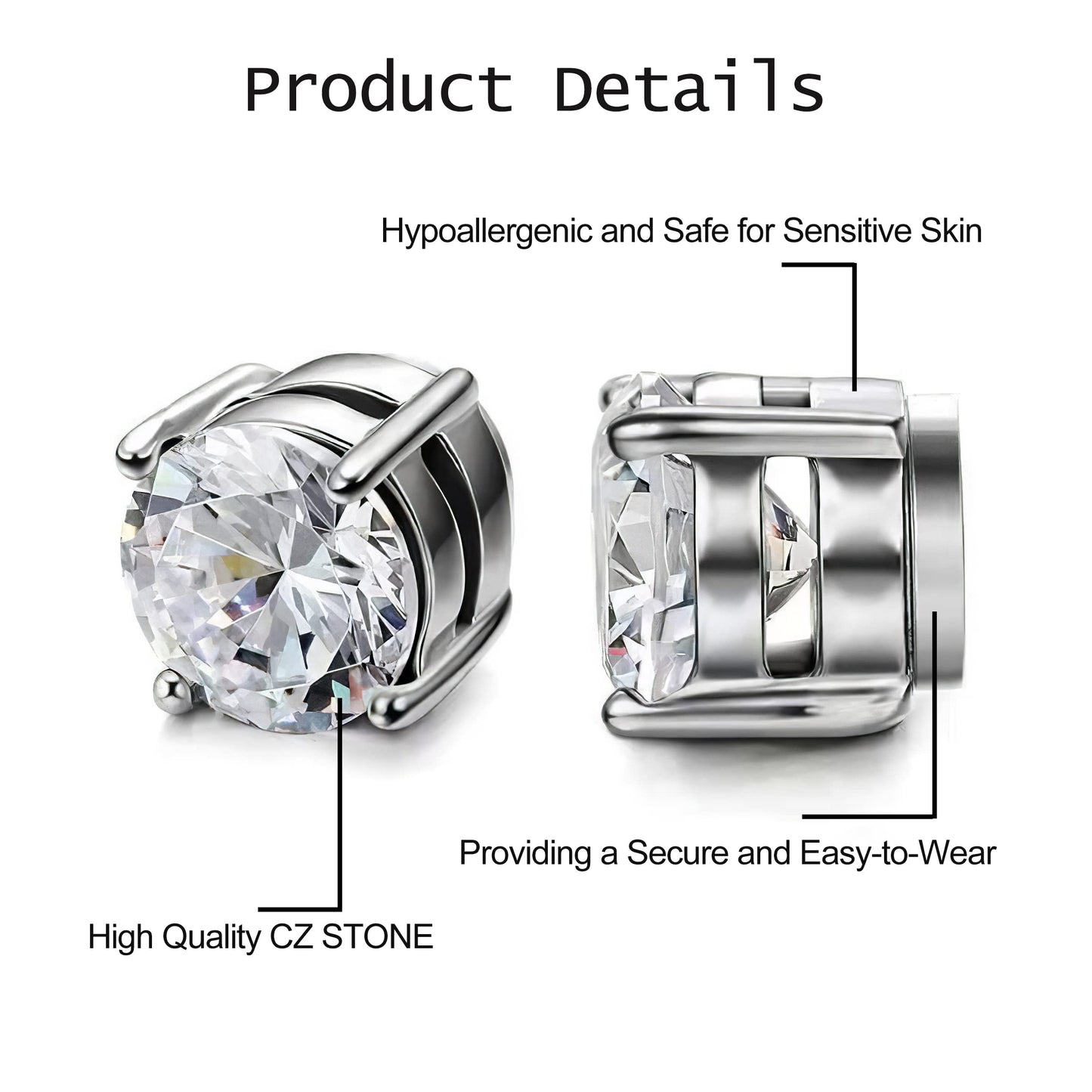 HENGYID 4 Pairs Stainless Steel Magnetic Stud Earrings for Men Women CZ Magnet Non Pierced Clip On Earrings Set 6MM