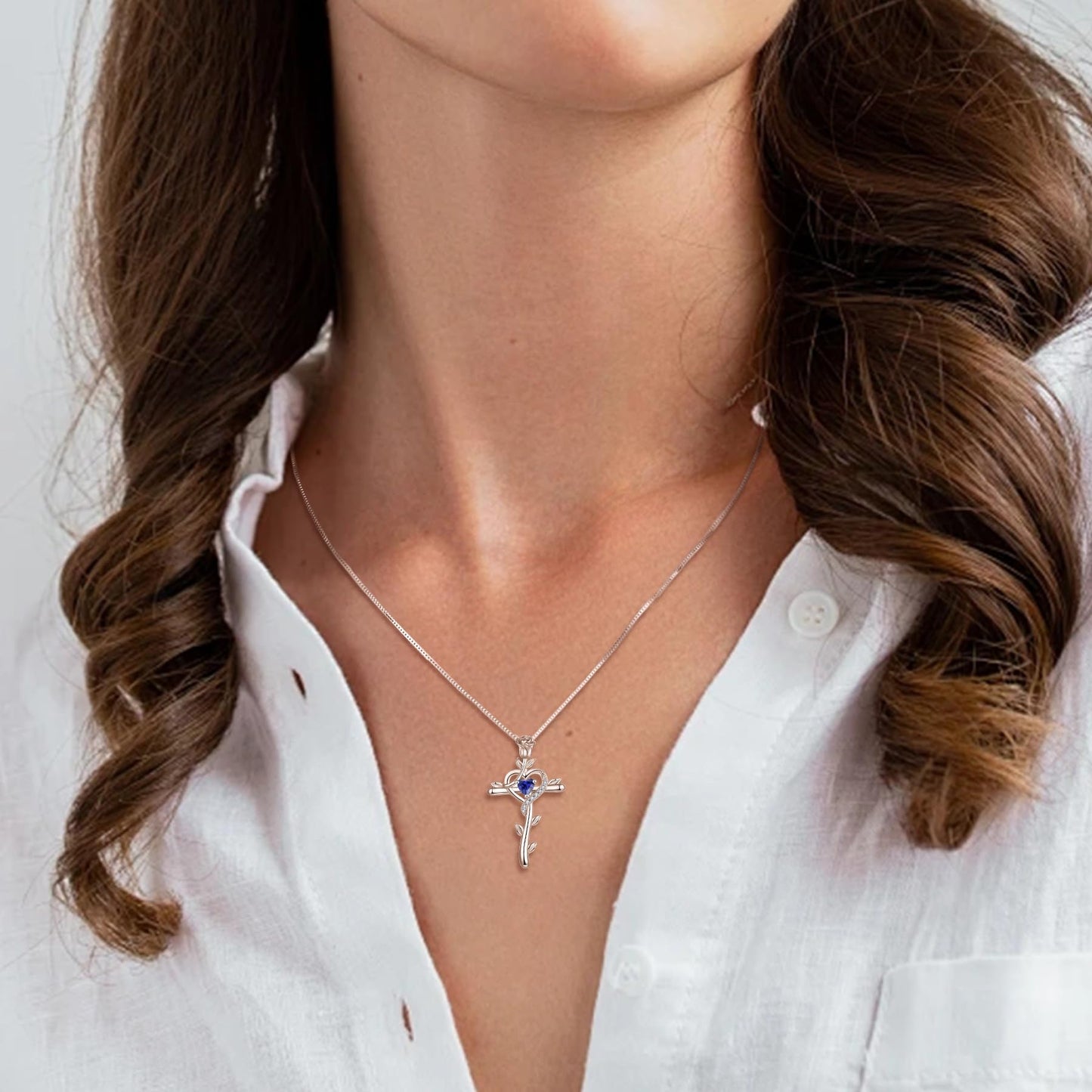 STARCHENIE Rose Cross Necklace 925 Sterling Silver Heart Crucifix Pendant Created Tanzanite Jewelry for Women