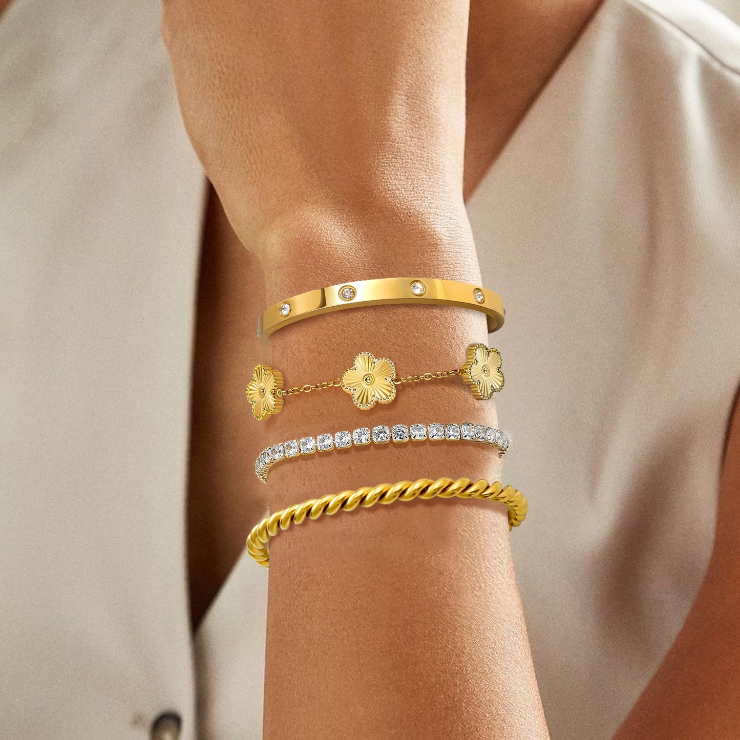 MOINSPIRE 18K Gold Plated Bracelets for Women, Stainless Steel Four Leaf Clover Tennis Nail Love Bangle Bracelets Set, Trendy Stackable Twist Cuff Bracelet Non Tarnish Jewelry Gifts for Christmas