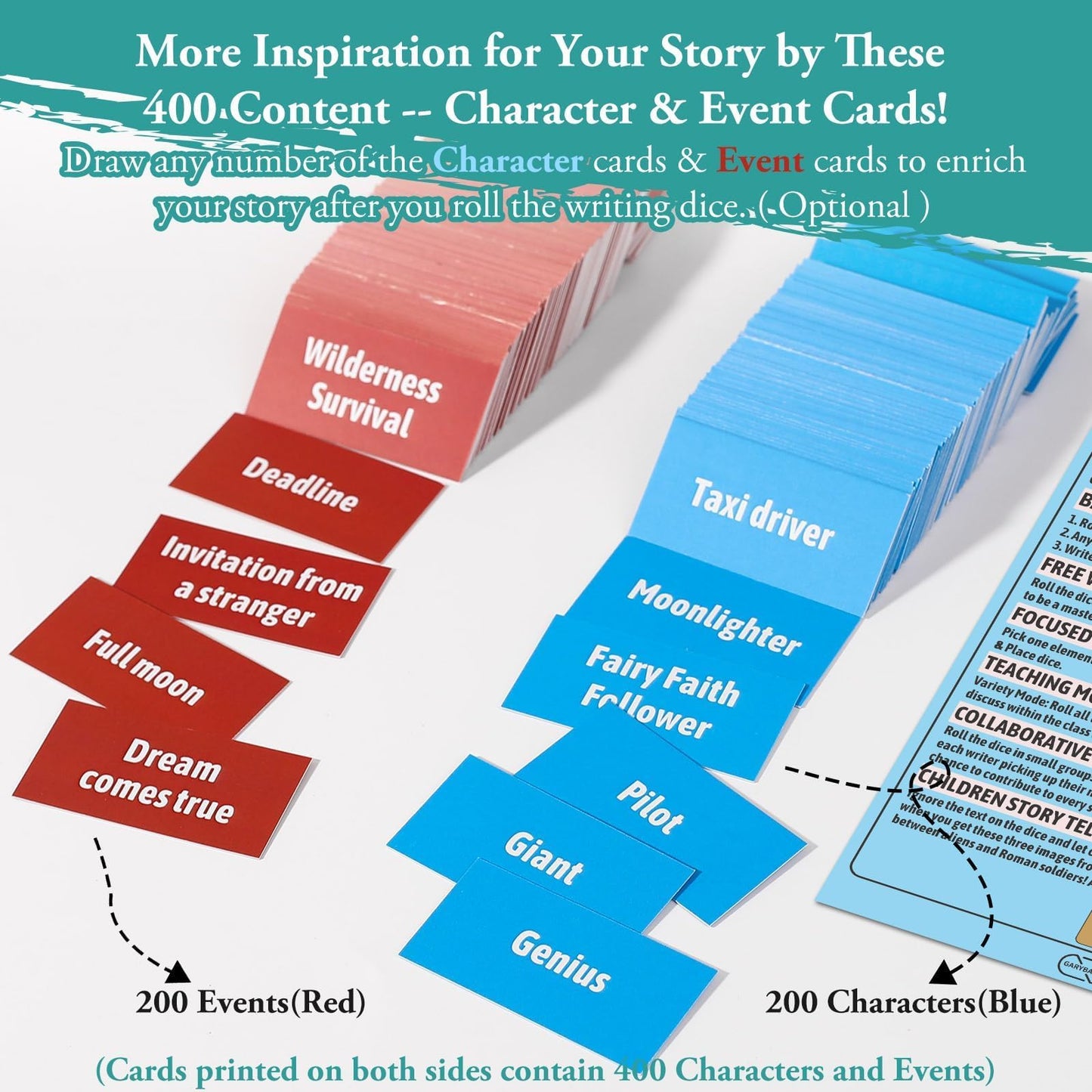 Garybank Inspiration Writing Prompt Dice - W/13 Writing Skill Cards and 200 Character & Event Cards - Storytelling Game for Kids, Writer & Teachers - Creation Set of 9 Story Cubes - Gifts for Writers