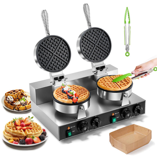 Moongiantgo Commercial Waffle Maker, 2000W Non-Stick Double Head Belgian Waffle Maker Waffle Iron Stainless Steel with Temp & Timer Control, Electric Baker Machine for Home Kitchen Food Trucks, 110V