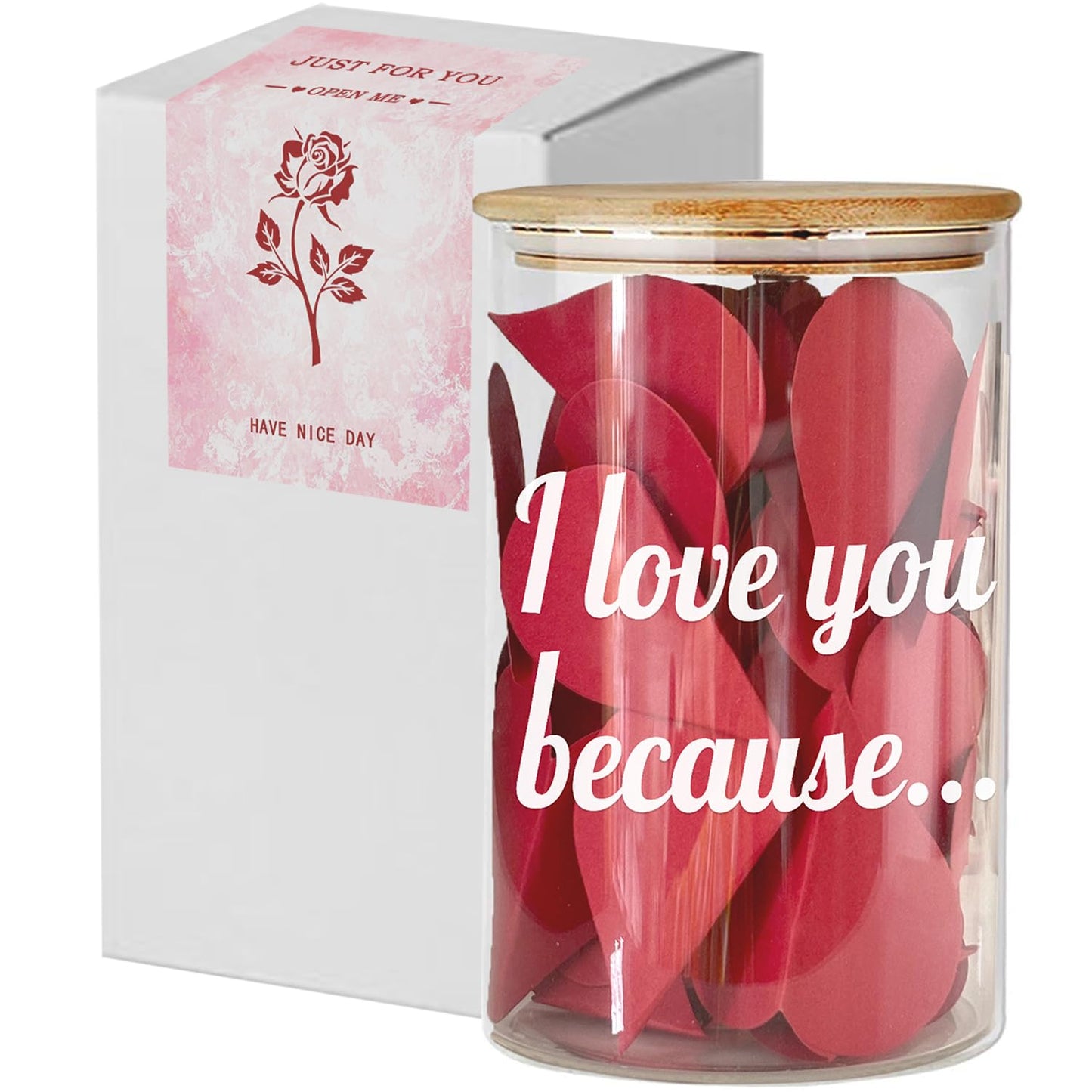 new I Love You Because Jar, Love Notes Jar with 50 Red Heart Shape Note, Gifts for Girlfriend Boyfriend Birthday, Love Message In The Bottle for Mom Dad,Newlywed Gifts for the Couple (love)