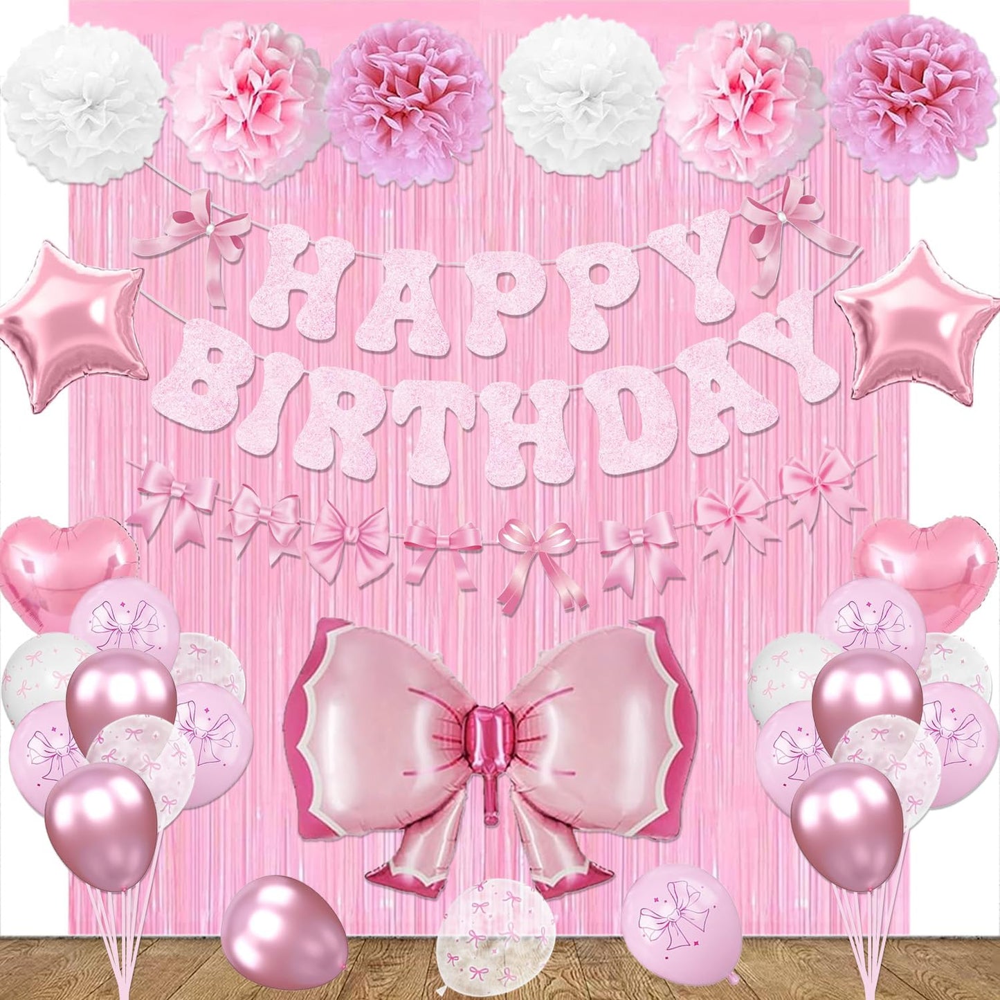 Pink Bow Birthday Party Decorations, Bow Theme Happy Birthday Banner Fringe Curtain Tissue Pom poms Garland Balloons for Women Girls Bday Party Supplies (Macaron Pink)