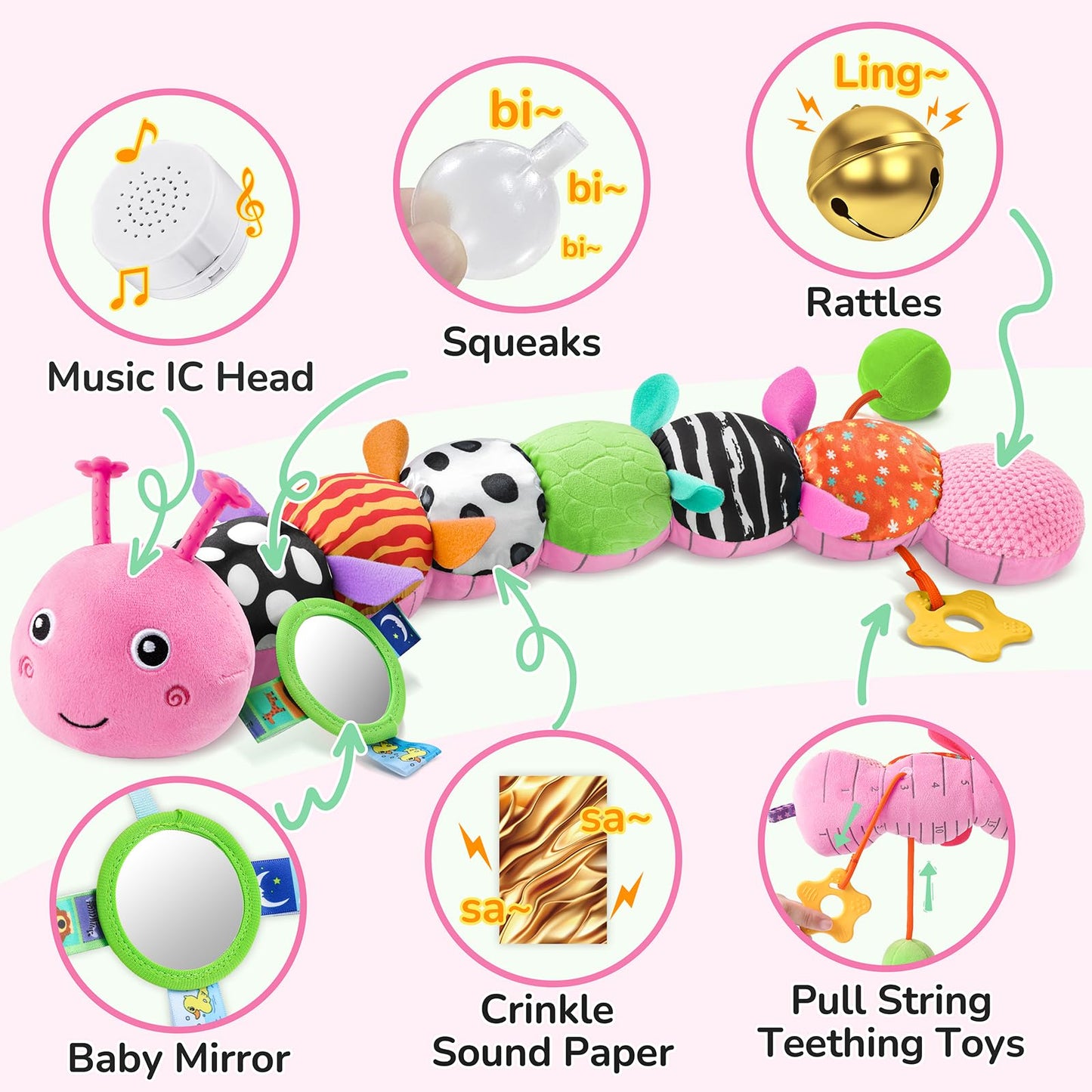 AWOTOY Baby Toys 6-12 Months Music Caterpillar Infant Toys Stuffed Animals 0-3-6 Months Teething Tummy Time Sensory Toys with Mirror Rattle&Pull String Boys Girls Birthday Gifts Easter Basket Stuffer
