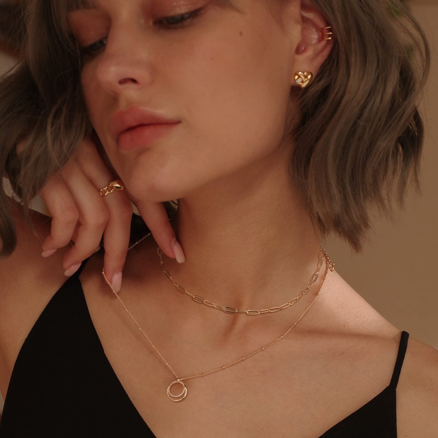 MEVECCO Gold Layered Choker Necklace for Women, 18K Gold Plated Dainty CZ Double Circle Pendant Minimalist Paperclip Double Layer Necklace for Jewelry