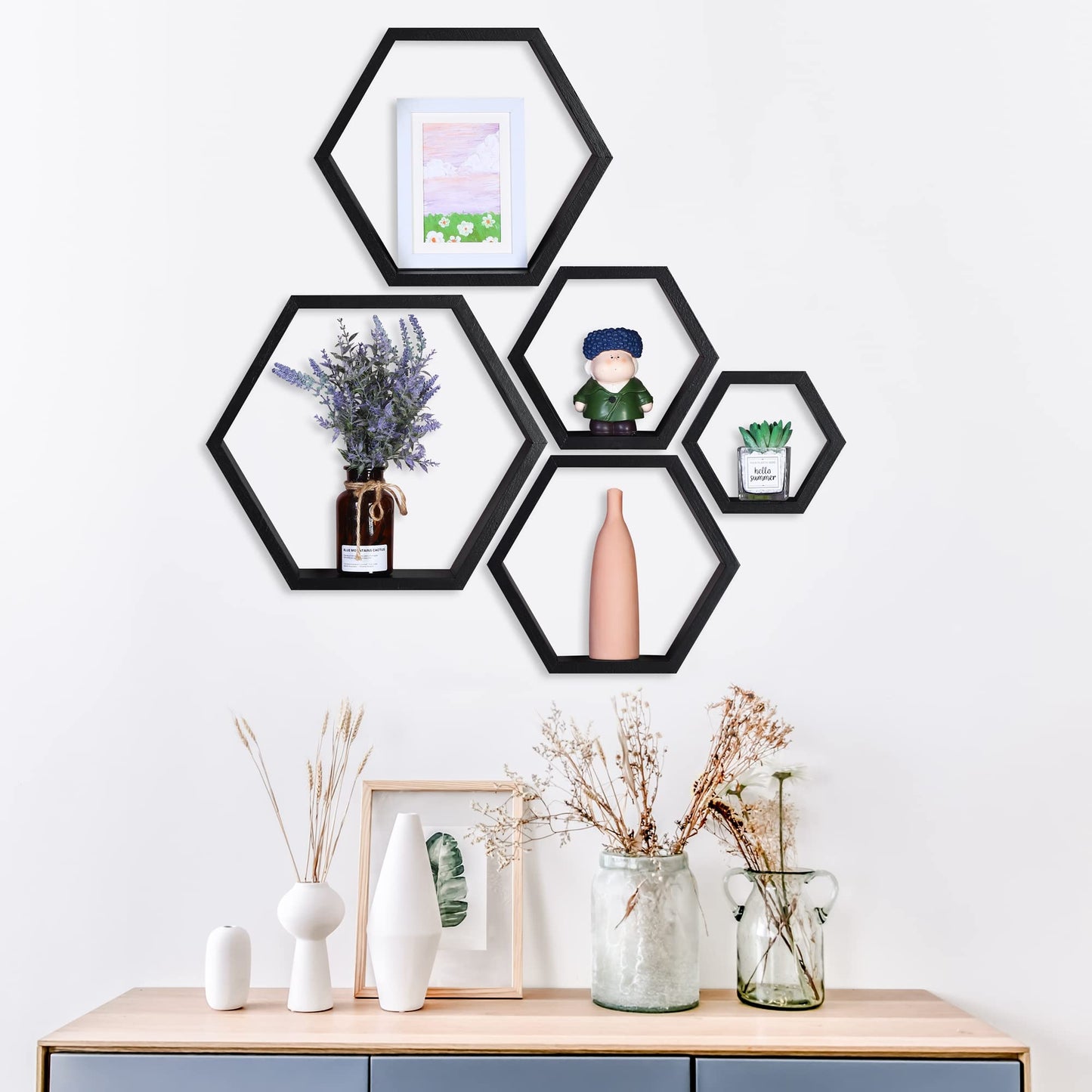 PHOENANCEE Hexagon Floating Shelves,Wall Mounted Wood Farmhouse Storage Honeycomb Shelf Set of 5,for Bathroom, Kitchen, Bedroom, Living Room,Office,Home Room Wall Decor Driftwood Finish