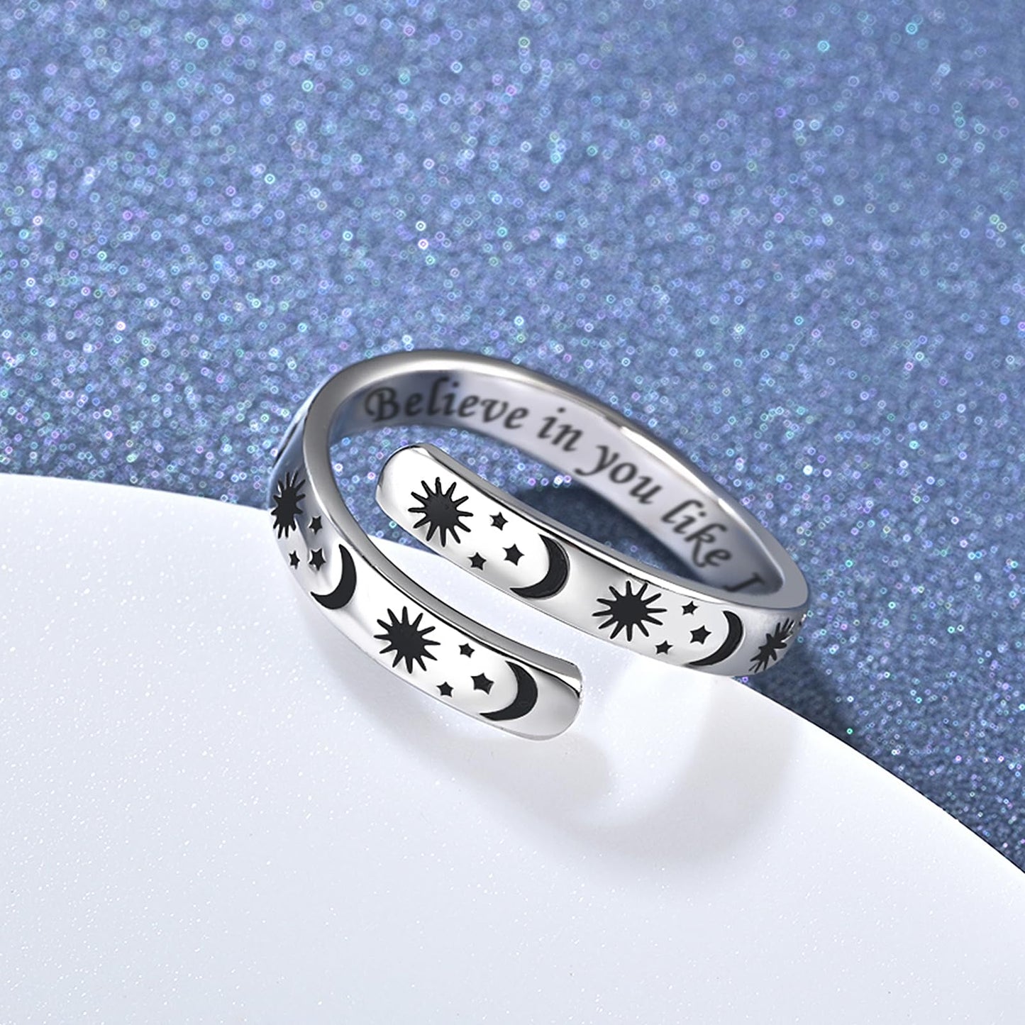 925 Sterling Silver Inspirational Jewelry Adjustable Wrap Open Ring Encouragement Gift for Women (Sun & Moon - Believe in you like I do)